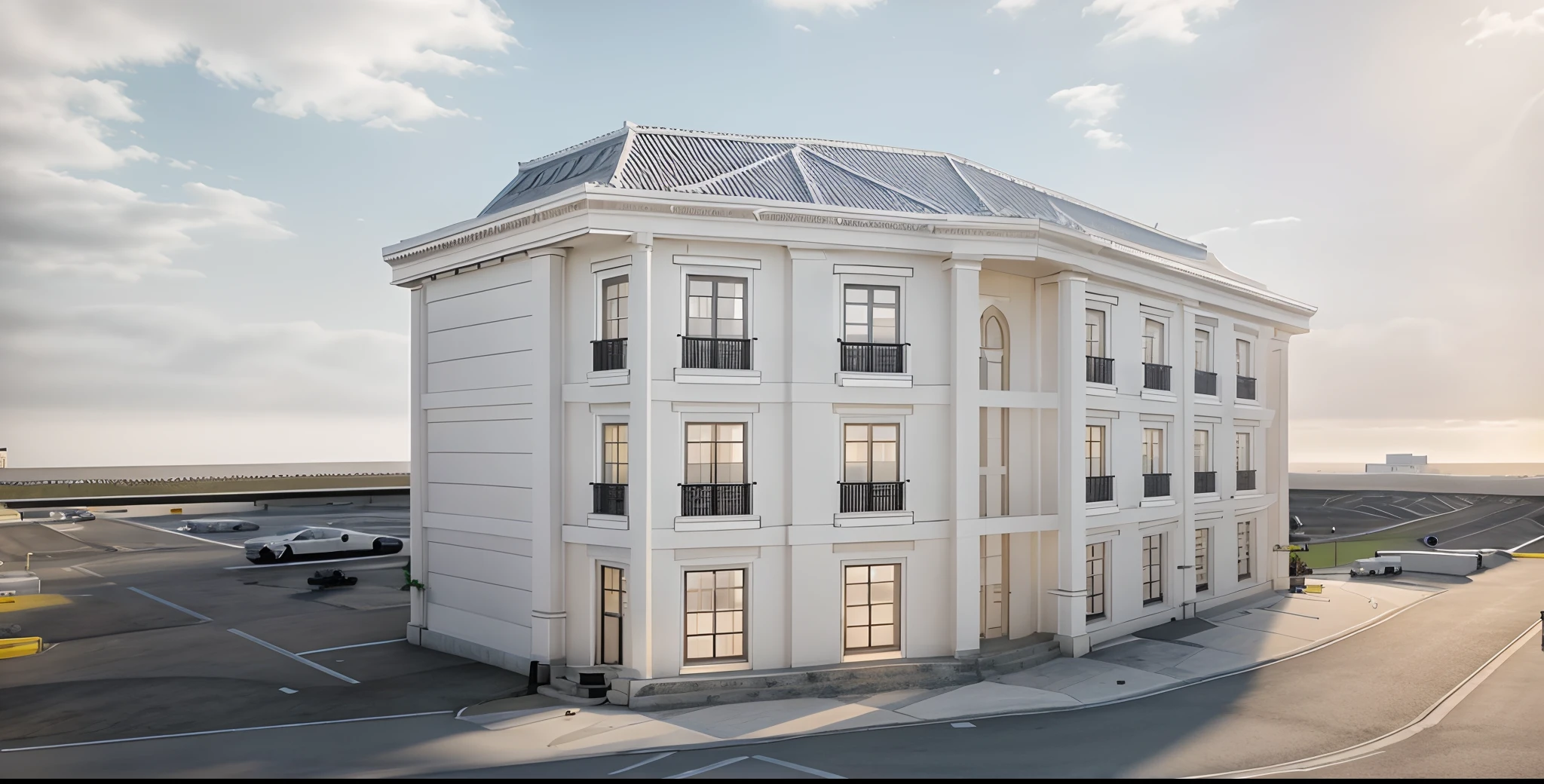 a rendering of a large white building with a black roof, neo - classical style, neoclassical style, architectural render, architectural 3 d render, architectural rendering, building facing, neoclassical police station, neoclassical architecture, lumion render, architecture render, neo classical architecture, front elevation view, all white render, architectural concept, exterior design, neotraditional modern,blue sky,yellow sunshine,white clouds