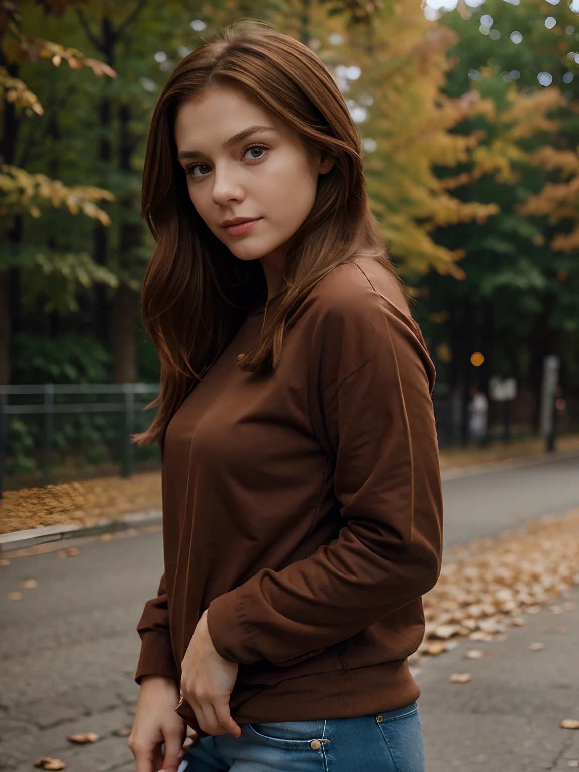 A girl of European appearance (Russian), with medium-length reddish-brown hair, In casual clothes
