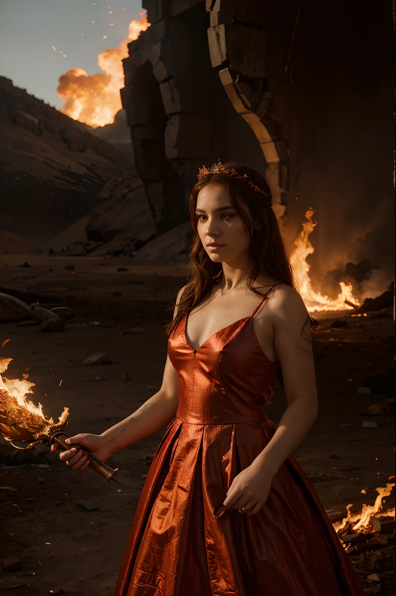uma princesa loura com vestido e coroa, with a fiery phoenix in the background with the same setting as Lord of the Rings, alta resolução