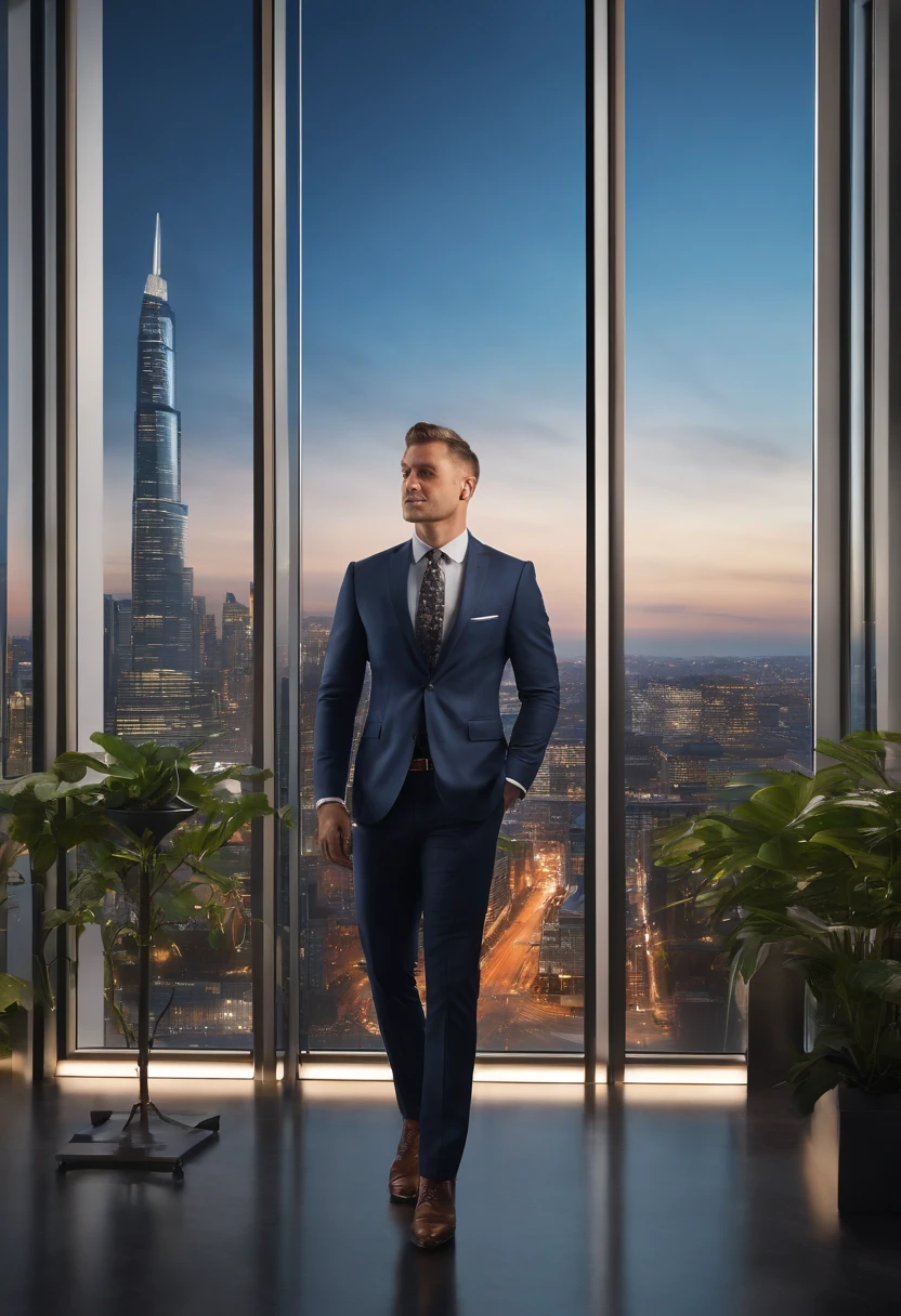 beautiful detailed eyes, clean-shaven face, wearing a stylish suit and tie, standing confidently in a modern office with floor-to-ceiling windows overlooking a bustling cityscape. The office is decorated with contemporary art pieces, and vibrant green plants add a touch of freshness to the space. The man is holding a tablet in his hands, showcasing a cutting-edge technology product. The lighting is soft and natural, creating a warm and inviting atmosphere. The colors in the scene are rich and sophisticated, with a mix of deep blues, greys, and hints of gold. The overall image quality is of the highest standard, with every detail meticulously rendered.