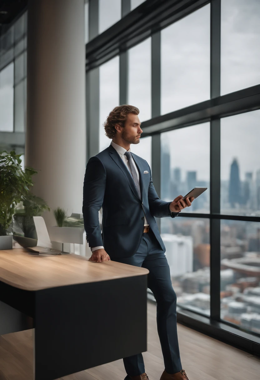 beautiful detailed eyes, clean-shaven face, wearing a stylish suit and tie, standing confidently in a modern office with floor-to-ceiling windows overlooking a bustling cityscape. The office is decorated with contemporary art pieces, and vibrant green plants add a touch of freshness to the space. The man is holding a tablet in his hands, showcasing a cutting-edge technology product. The lighting is soft and natural, creating a warm and inviting atmosphere. The colors in the scene are rich and sophisticated, with a mix of deep blues, greys, and hints of gold. The overall image quality is of the highest standard, with every detail meticulously rendered.