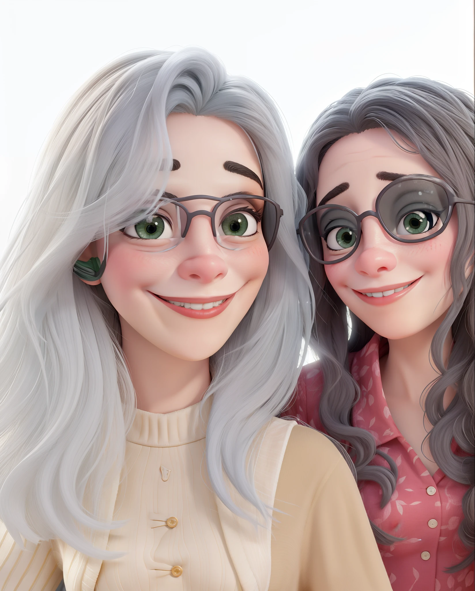 Duas mulheres sorrindo, fundo parede laranjas escuro.