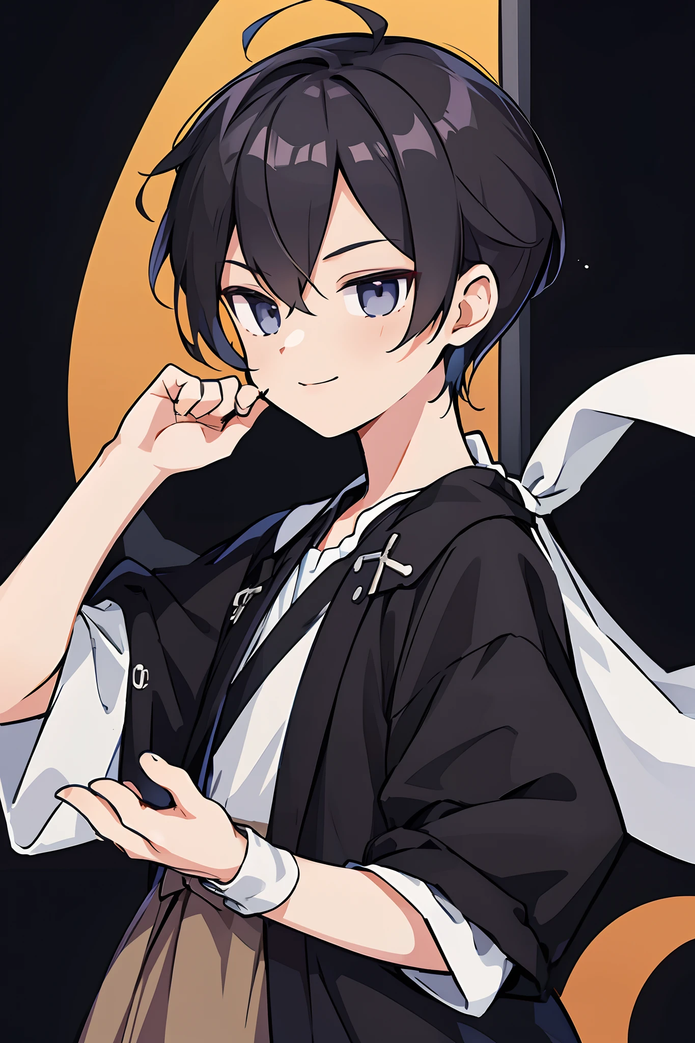 A small shota,younge boy，Cheerful and lively，Welcoming and lovely，Charming, Handsome，fashion hair，short detailed hair，Playful expression，Side face avatar，Black color hair，vivid background