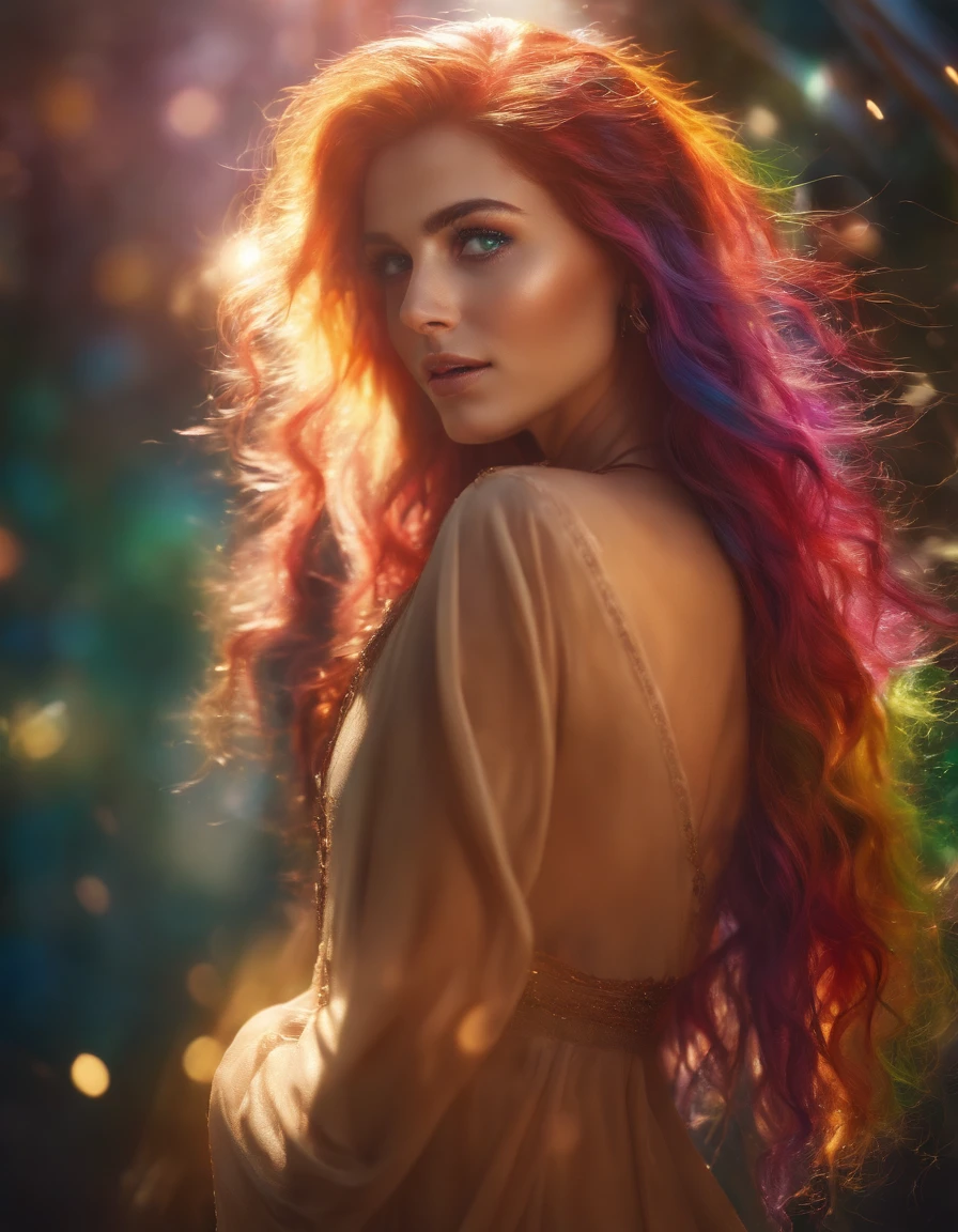 {{Masterpiece}}, Best Quality, Extremely detailed CG unity 8k wallpaper, Cinematic lighting, lens flares, Beautiful detail eyes, Long hair, Sideways gaze, multicoloured hair, Brilliant light, Particle, heterochromia, (colourfull:1.5), (colorful hair:1.5),
