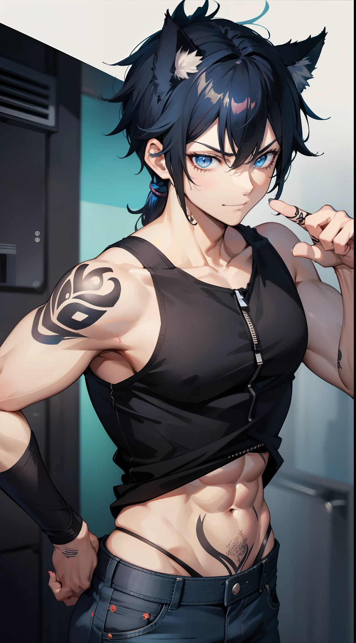 Grown-up guy, Short black hair with blue strands, high ponytail, cat ears, blue eyes, musculature, smirk, black tank top, Jeans, fetters, Silver elements, tattoo, Scars, Blue Flame, zipper, Masterpiece, hiquality, 4k, HD, Good detail