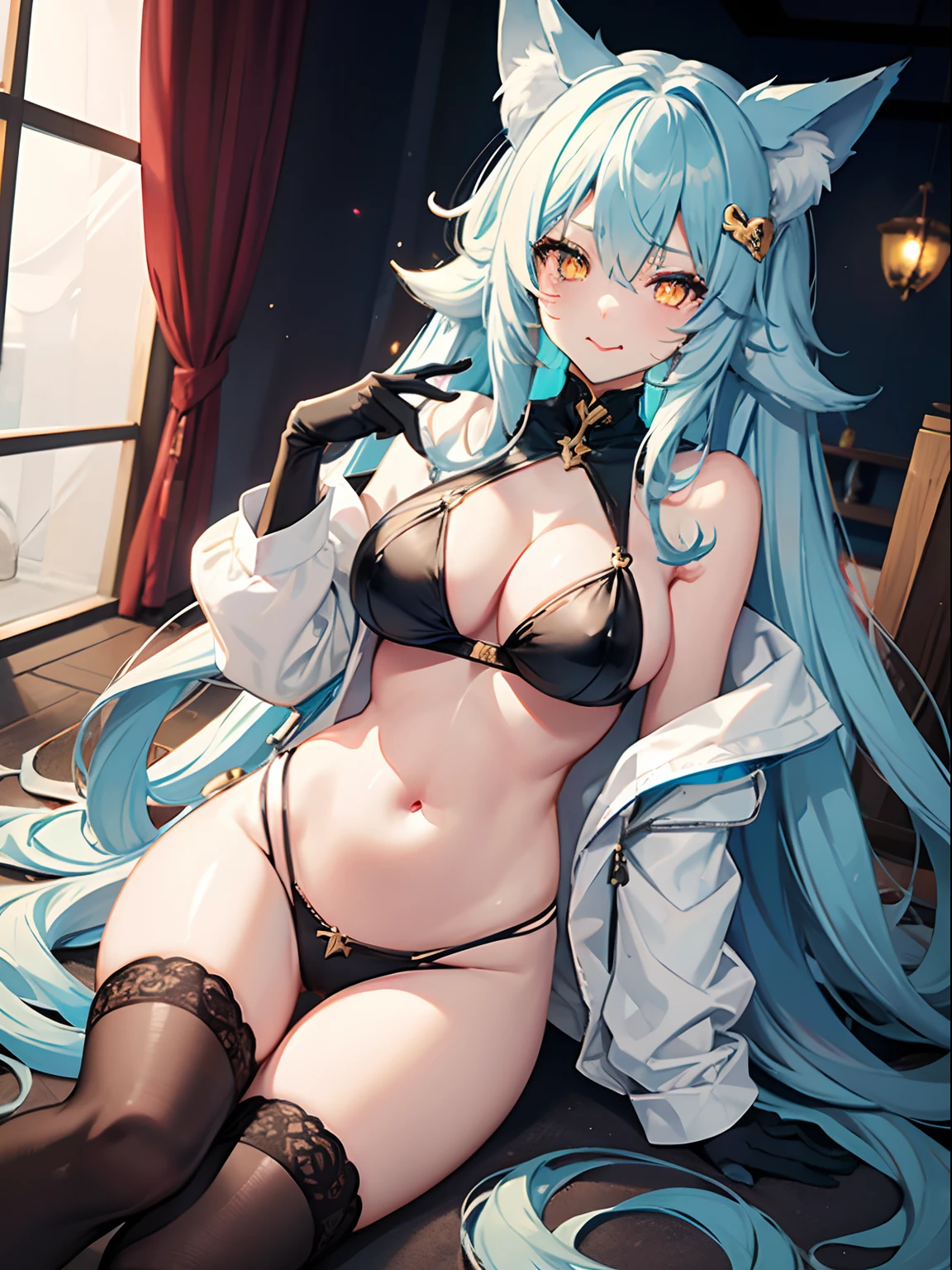Long Hair, Light Blue Hair, Yellow Eyes, Heart pupils, Fox Ears, 9 Tails, Big Boobs, Wearing Hoodie, Long Stocking, Nighttime, Wearing Black Gloves, Inside a house, licking own lips,  showing