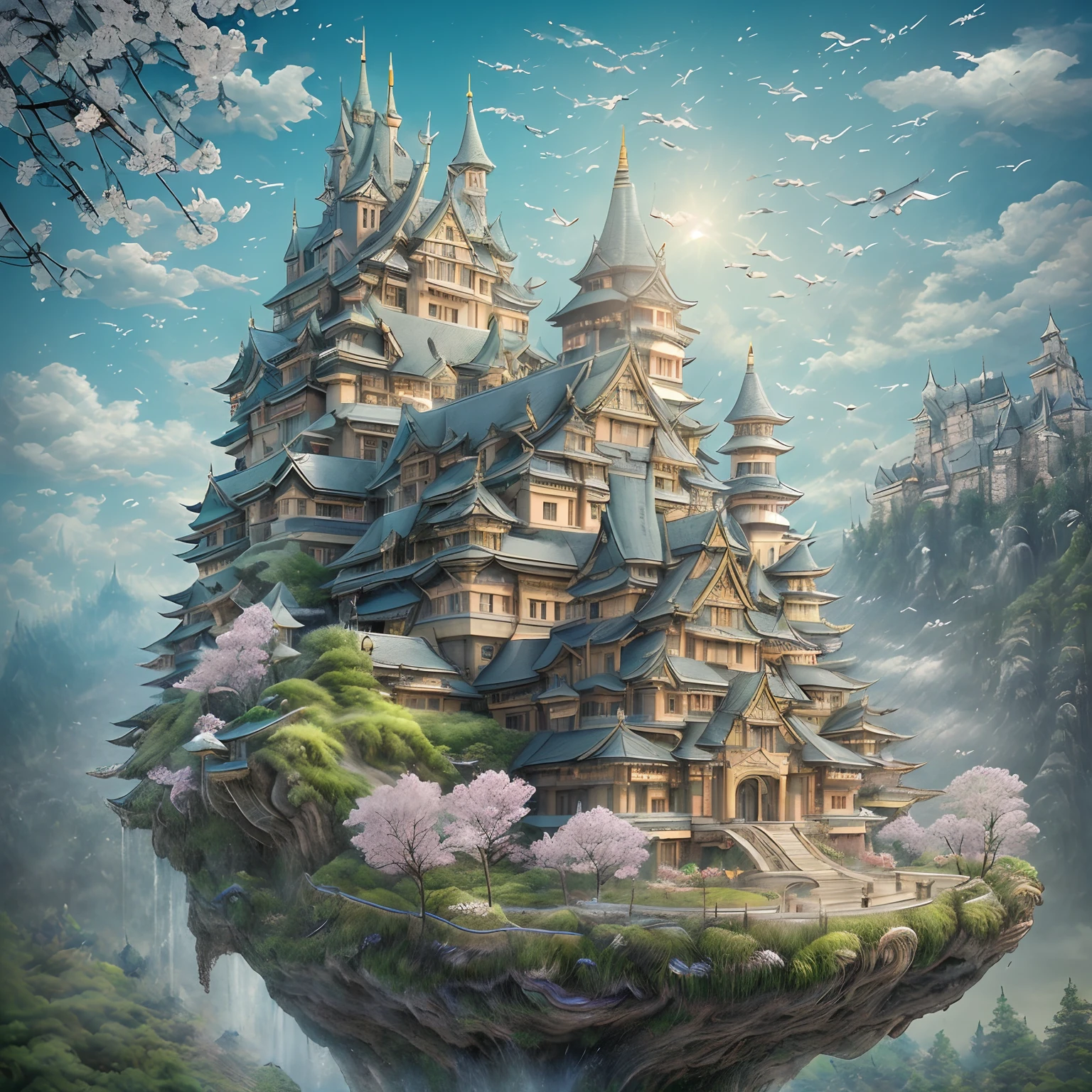 ​masterpiece、hightquality、Realistic、landscape shot、life-like、A detailed、Like the photo、Castle shining in the sky、Castle of the God of the Sky、Castle in the Sky、Flying Castle、Castle of Glory、Castle above the clouds、The cherry tree々A lush castle surrounded by、Sakura blizzard、Falling waterfall、a moon