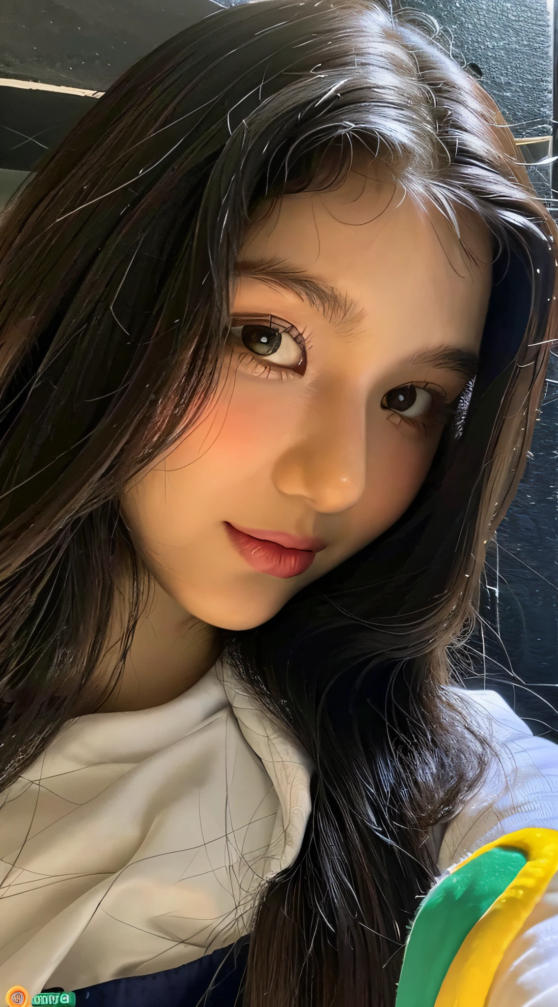 best quality, master part, super high resolution, (Realistic: 1.4), foto original, papel de parede, Head Photo, pele, fundo simples, olhos negros, detalhe, Selfie, 1 girl, 18 anos, brisa, luz solar, cozinha, Fruit