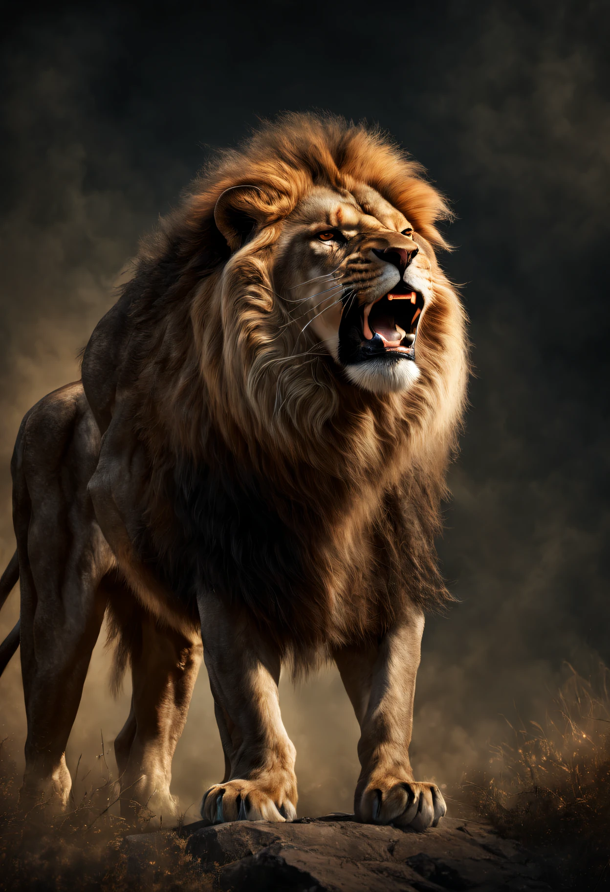 High Detail, 8k, HQ, (Best Quality: 1.5, Hyper Realistic: 1.5, Photo Realistic: 1.4, Incredibly Detailed CG Unity 8k Wallpaper: 1.5, Masterpiece: 1.3, Incredibly Detailed Photo: 1.2), (Hyper Realistic Realistic Texture : 1.4),   hyper realistic glamour shot of a roaring lion in chiaroscuro style,(full body image:1.5),macro, extreme details, looking at viewer,