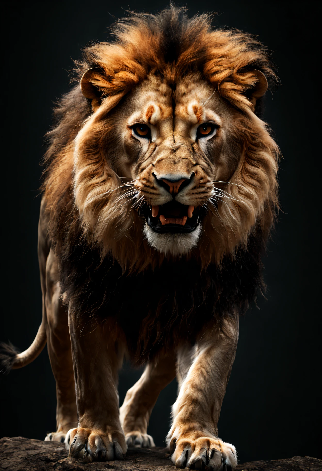High Detail, 8k, HQ, (Best Quality: 1.5, Hyper Realistic: 1.5, Photo Realistic: 1.4, Incredibly Detailed CG Unity 8k Wallpaper: 1.5, Masterpiece: 1.3, Incredibly Detailed Photo: 1.2), (Hyper Realistic Realistic Texture : 1.4), hyper realistic glamour shot of a roaring lion in chiaroscuro style,(full body image:1.5),macro, extreme details, looking at viewer,