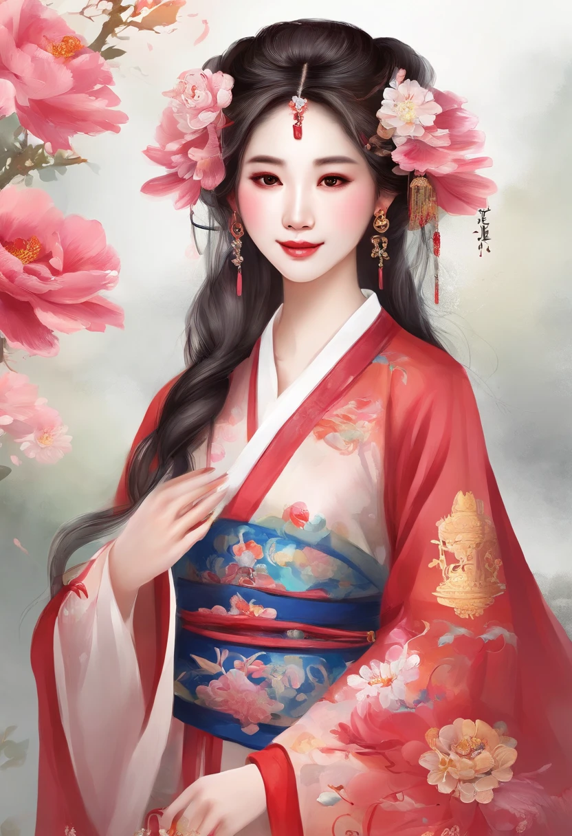 As a mascot designer,Design a cute Q version of the cartoon character humanoid mascot,Wearing Hanfu,Wearing a peony ornament on his head,It reflects the traditional cultural characteristics of Luoyang,The image should be sunny、cheerful、vivaciousness,Able to win the affection and recognition of teenagers Whole-body ones