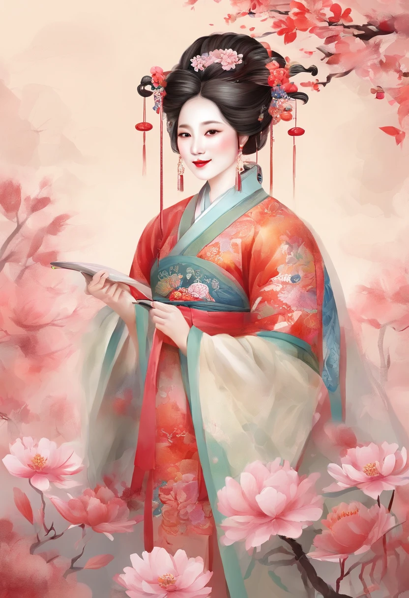 shukezouma, negative space, , shuimobysim , portrait of a woman standing , willow branches, (masterpiece, best quality:1.2), traditional chinese ink painting, (traditional Chinese painting), monochrome, modelshoot style, peaceful, (smile), looking at viewer, wearing long hanfu, hanfu, song, willow tree in background, wuchangshuo, Distant mountains, small lakes, gazebos, lonely boats,