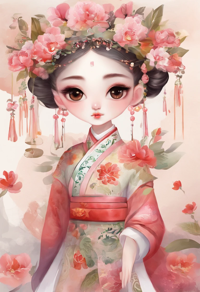 As a mascot designer,Design a cute Q version of the cartoon character humanoid mascot,Wearing Hanfu,Wearing a peony ornament on his head,It reflects the traditional cultural characteristics of Luoyang,The image should be sunny、cheerful、vivaciousness,Able to win the affection and recognition of teenagers Whole-body ones