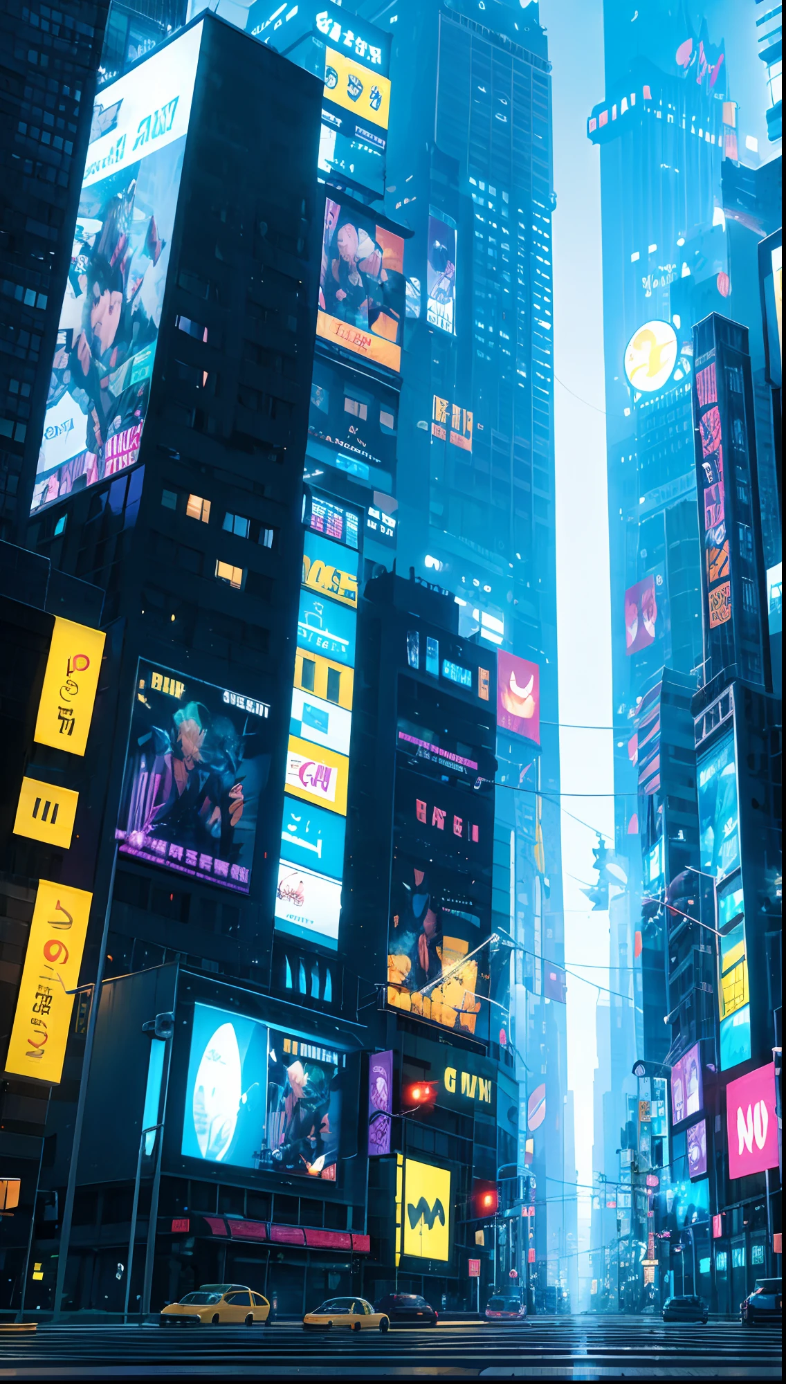 City of Gotham from a corner, no people on the streets, buildings, hoardings, big screens showing joker, city fully covered in Fogg, night, dark sky with no clouds, a little shade of yellow, dim Street lights, electric poles, chromatic abberation, soft lighting, extreme detail, small details, ultra HD, hyper realistic