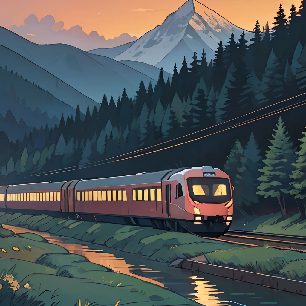 High-speed train, mountain background, twilight, pine forest, river,