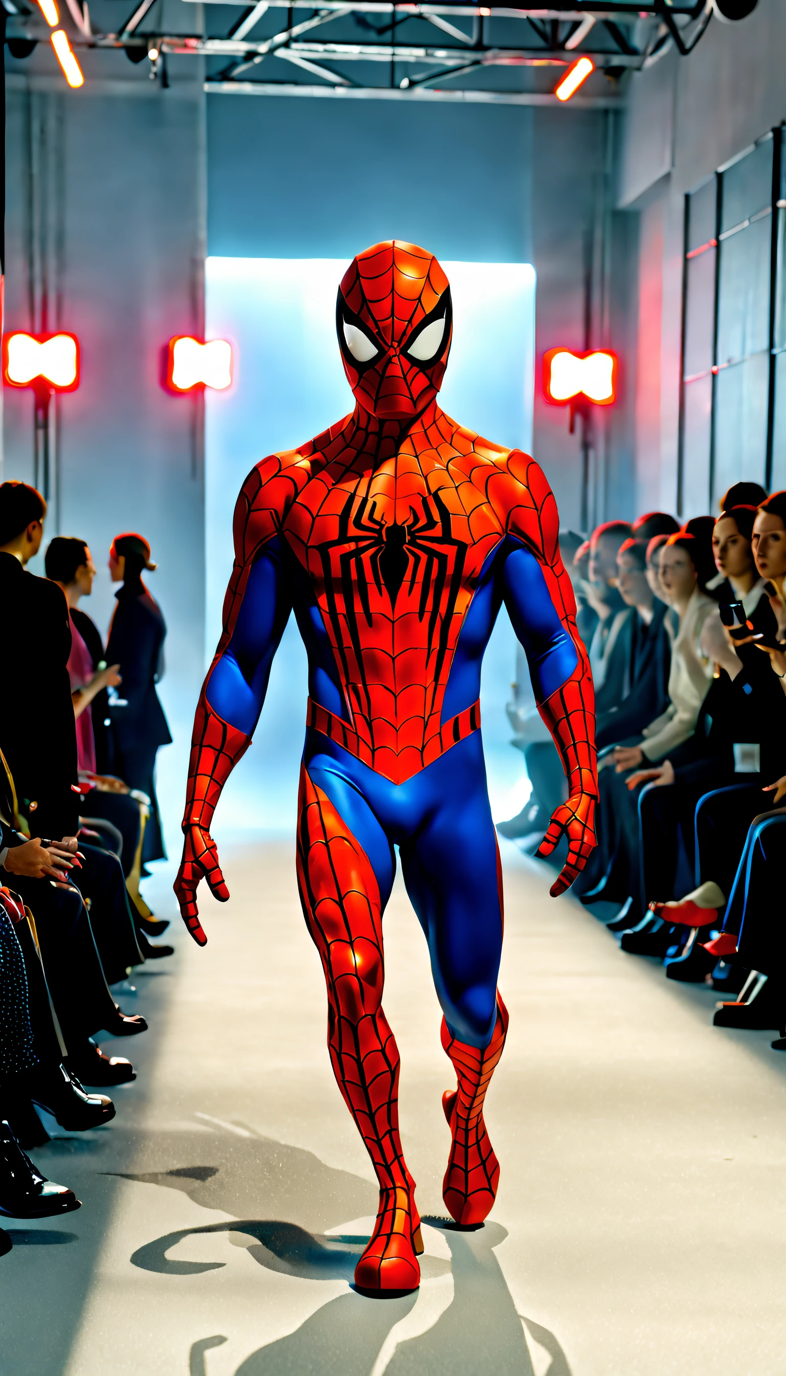 Hyperrealistic and hyperdetailed fashion runway show inspired by spiderman, ray-traced caustics, subsurface scattering, soft lighting, masterpiece, masterwork, top quality, highest fidelity, highest resolution, highres, hyper-detailed, detail enhancement, awe inspiring, breathtaking, super-resolution, megapixel, UHD, HDR, FHD, 8k, 16k, 32k, 64k, high dynamic range, insanely detailed, beautifully color graded, post processing, post production, dynamic tone mapping, volumetric.