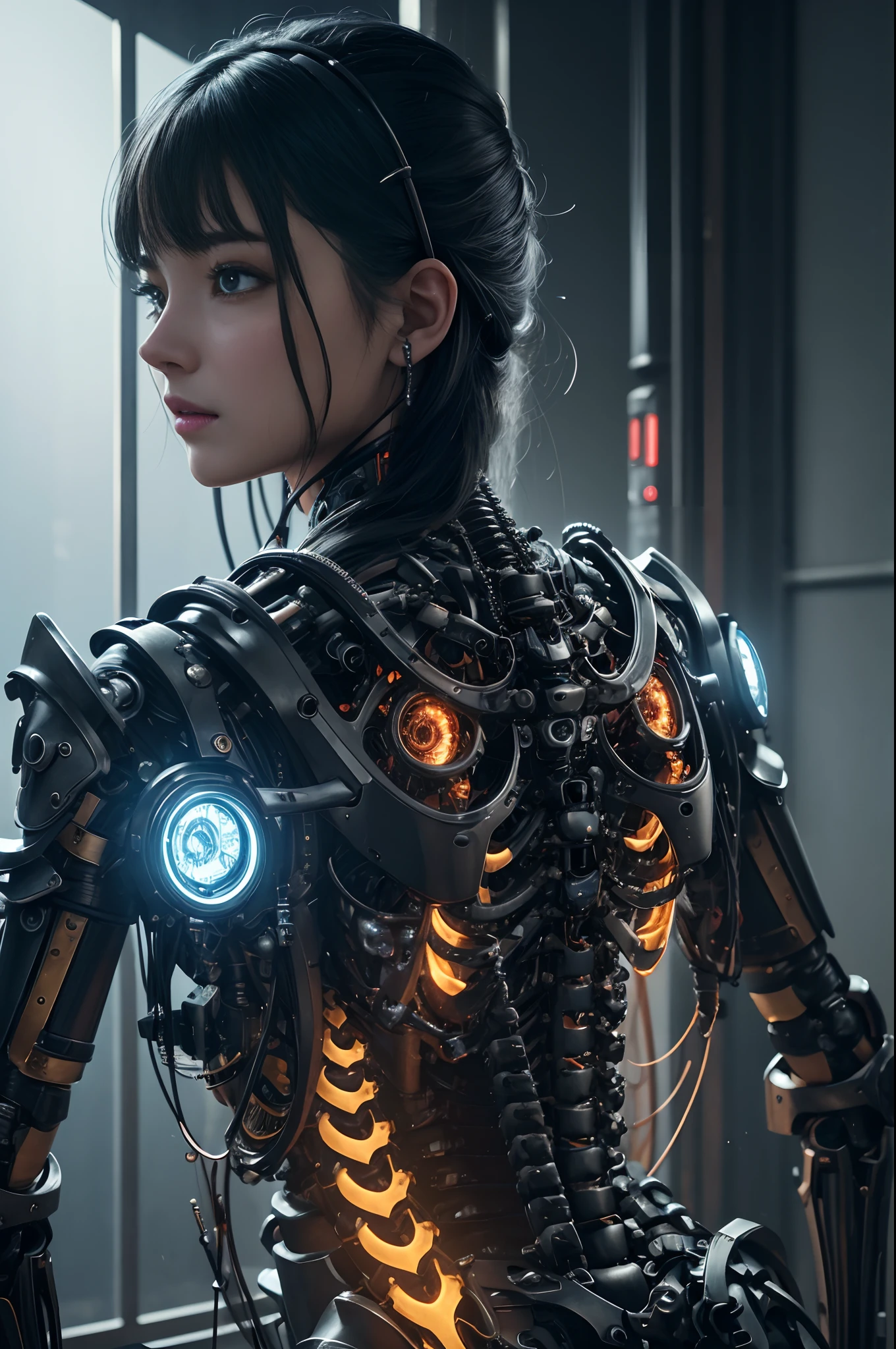 1 Mechanical Girl、((super realistic details))、portlate、globalillumination、Shadow、octan render、8K、ultrasharp、metal、Convoluted、ornaments detailed、cold color、Egyptian Detail、highly intricate detail、Realistic light、Trending on CGSsociety、radiant eyes、Camera orientation、Neon details、machanical limbs、blood vessels connected to tubes、Mechanical vertebrae attached to the back、Mechanical cervical neck attached、sitting on、Wires and cables connecting to the head
