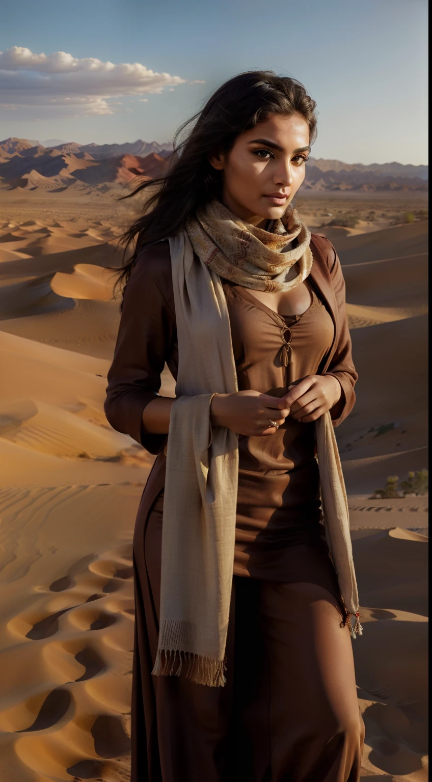 a woman with long brown hair, large breasts, taking a selfie in a desert, wearing a full outfit with a scarf covering her face, (best quality,4k,8k,highres,masterpiece:1.2),ultra-detailed,(realistic,photorealistic,photo-realistic:1.37),detailed facial features,highly detailed skin,intricate fabric textures,dramatic lighting,cinematic composition,moody desert colors,warm lighting,desert landscape,hourglass figure,alluring gaze