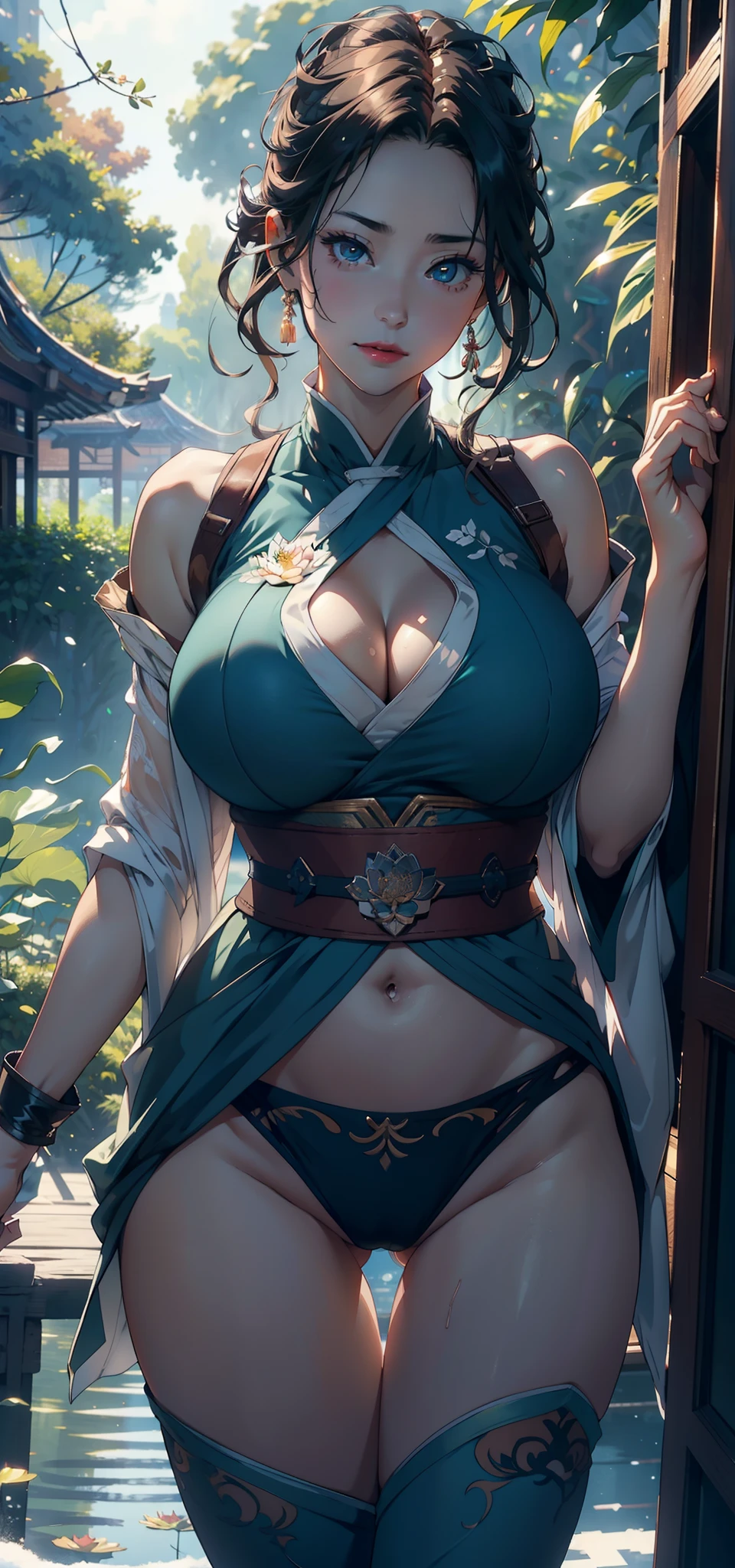 1female,45 yers old,Married Woman,熟妇,mature,plumw,extremely large bosom,Big breasts Thin waist,long leges, 独奏,(Background with:ln the forest,lotus flower,ponds) She has short blonde hair,bobo head,,seen from the front, Stand in the forest, mostly cloudy sky,(((tmasterpiece),(Very detailed CG unity 8K wallpaper),best qualtiy,cinmatic lighting,detailed back ground,beatiful detailed eyes,Bright pupils,Black eyes,Snow-whiteskin,Redlip(Very fine and beautiful),(Beautiful and detailed eye description),ultra - detailed,tmasterpiece,))facing at camera,A high resolution,ultra - detailed),revealing breasts,Bare genitalia, Bulge,legs are open,Raised sexy,Camel toes,Flushed complexion,Desire for dissatisfaction,frontage,binh(Wearing:oversized boobs,drooping chest,nakeness,Green Hanfu,Captain America uniform)