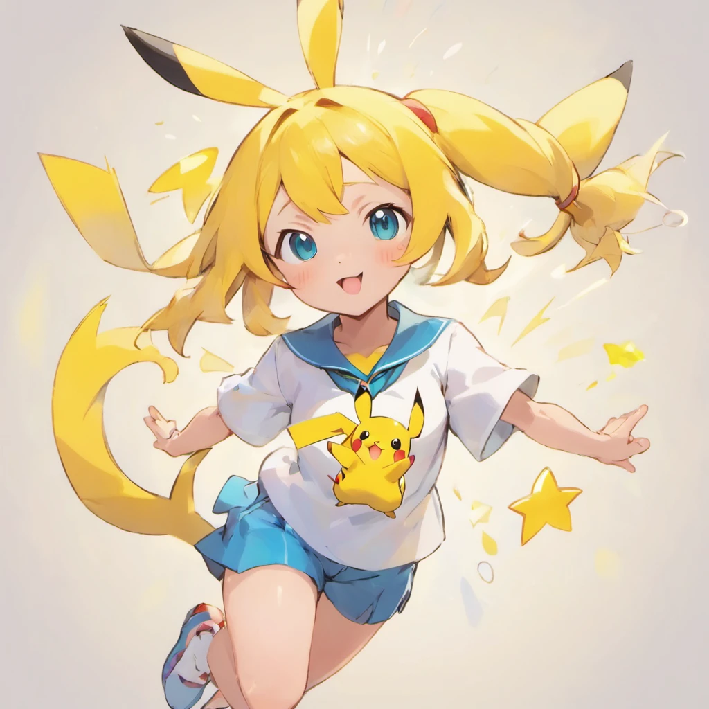 Pikachu，White color blouse，Lovely jump，Current surrounds，Body stretching，Brighten skin，HighestQuali，8K