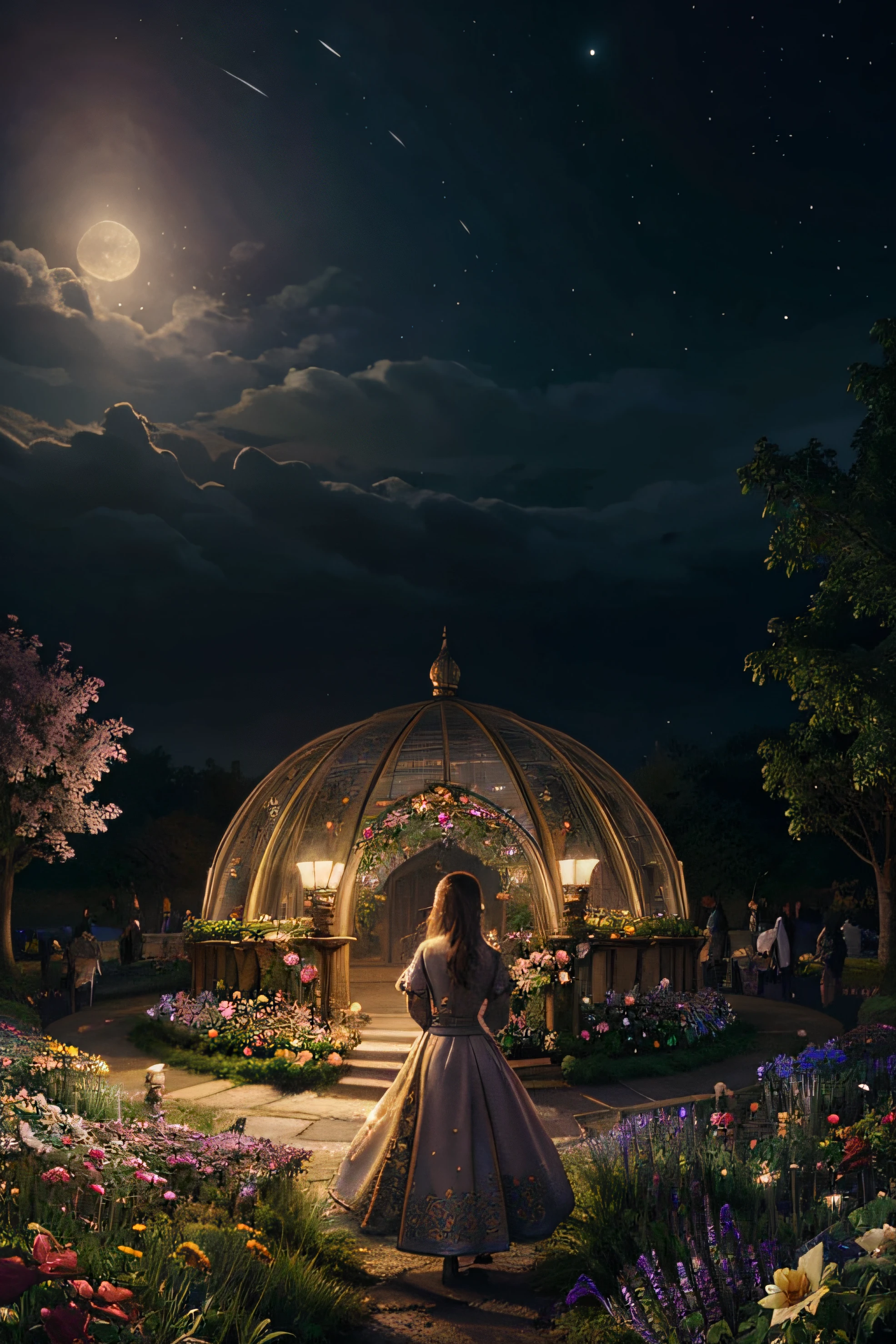 night background, fantasy, fantastic, fantasy, flower garden illustration,dreamy land, dome, don't draw people