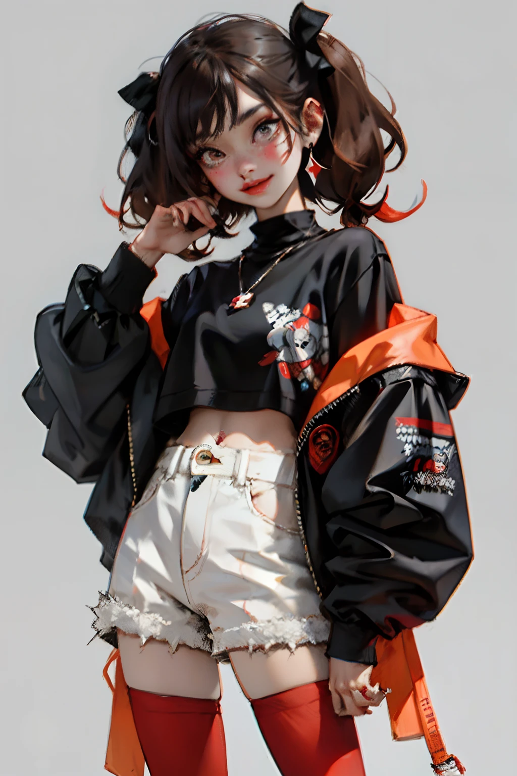 1GIRL, insane clown girl, skull face, halloween theme style, laughing hesterically, sharp big smiling teeth, bomb, finely detailed, (best quality), (intricate details), cute style, , jester style, multicolored, circus background with red curtains, place on fire hell, ((long brown hair in pigtails)), best quality, ((long sleeve shirt and shorts)), ((red and white clothes)), ((jester style clothes)), ((thigh high socks)), ((round eyes)), ((has jester makeup)), beautiful face, happy, cute face, pinup, perfect face, simple background portrait(masterpiece: 1.2, best quality), (real picture, intricate details), (1lady, solo, upper body, big tits)
Clothing: sharp, stylish, cool, fashionable, non-standard, avant-garde, experimental
Appearance: shaved head or bold hair color, spectacular makeup, unconventional fashion choices, rock star
Behavior: rebellious, non-conformist, provocative
Venue: Urban Art District, Underground Music Scene
Hobbies: attending punk shows, creating art in mixed media, experimenting with different subcultures
Values: individuality, authenticity, creative expression
Sources of inspiration: punk rock, counterculture icons, avant-garde art movements
Character traits: bold, daring, non-standard.