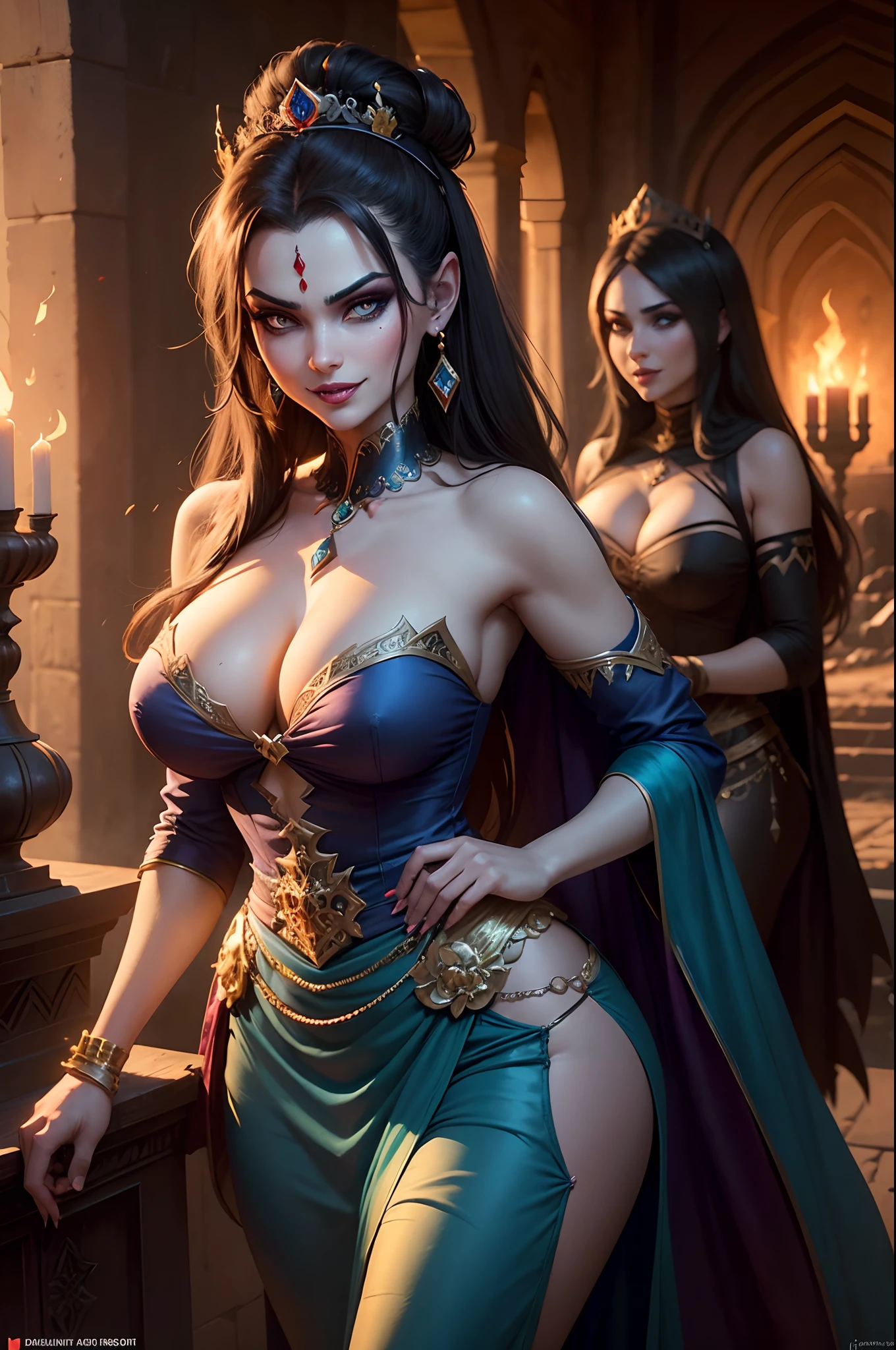 a zombie Jasmine princess of Aladdin , Disney princess, creepy and beauty zombie Jasmine princess , big boobs, sexy look, evil and sexy look at same time, mixed of evil and beautiful eyes , perfect body shape, dressed Arabic blue dress of Jasmine from Disney animation with trousers and shirt with bared shoulder and cape, evil smile with vampire fangs, , (smirks:1.2), ((in Baghdad castle burning in fire)), cinematic, insane details, intricate details, hyperdetailed, neon colors ((hdr)), ((vignette))