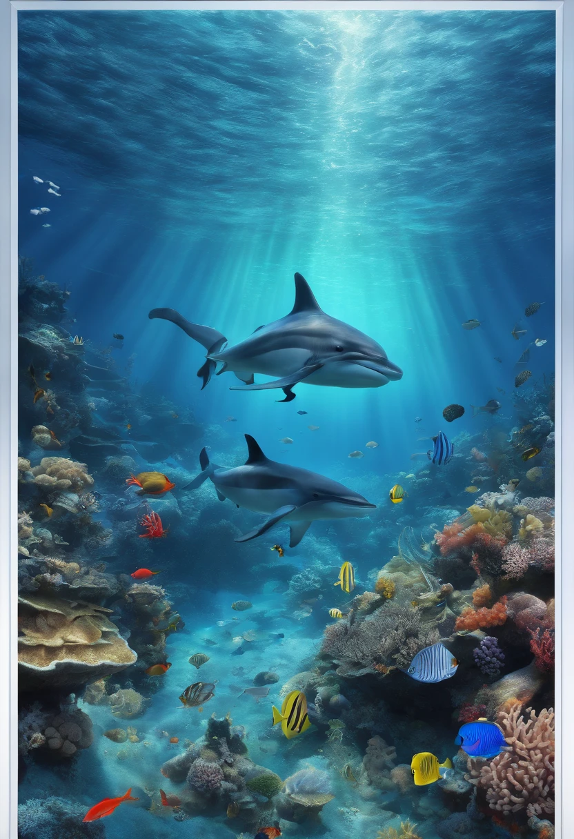 (best quality,4k,8k,highres,masterpiece:1.2),ultra-detailed,(realistic,photorealistic,photo-realistic:1.37),underwater,blue tones,deep sea exploration,marine life,coral reefs,seashells,swimming dolphins,majestic whales,sparkling water,diversity of ocean creatures,vibrant colors,bioluminescent organisms,detailed underwater plants,sun rays penetrating the water,sandy seabed,bubbling ocean currents,relaxing beach vacation,crystal-clear visibility,underwater photography,diving equipment,scuba divers exploring the deep,maritime adventure,peaceful atmosphere