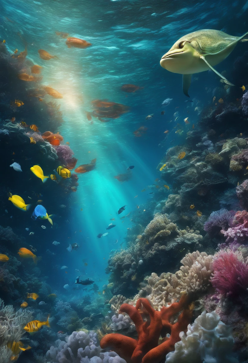 (best quality,4k,8k,highres,masterpiece:1.2),ultra-detailed,(realistic,photorealistic,photo-realistic:1.37),underwater,blue tones,deep sea exploration,marine life,coral reefs,seashells,swimming dolphins,majestic whales,sparkling water,diversity of ocean creatures,vibrant colors,bioluminescent organisms,detailed underwater plants,sun rays penetrating the water,sandy seabed,bubbling ocean currents,relaxing beach vacation,crystal-clear visibility,underwater photography,diving equipment,scuba divers exploring the deep,maritime adventure,peaceful atmosphere