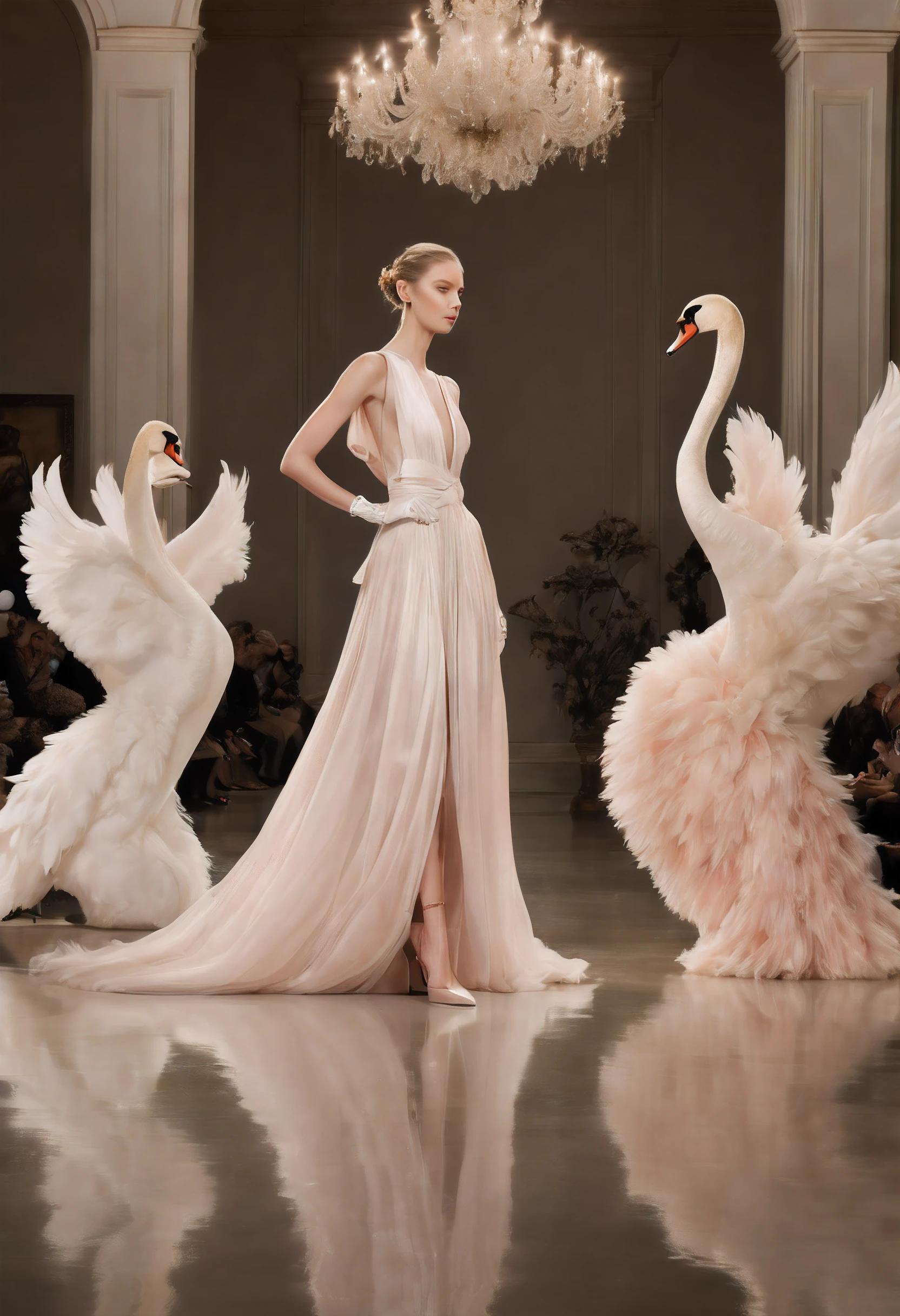 Experience the epitome of elegance with this captivating prompt for a fashion show featuring anthropomorphic animals, where elegant and sophisticated women embody the grace and beauty of swans on the runway. The composition captures the ethereal and graceful movements of the swan-inspired models, with their flowing gowns and delicate accessories accentuating their poise. The use of soft lighting and pastel hues adds to the dreamlike and enchanting atmosphere of the event, creating a sense of serenity and sophistication. Directed by renowned fashion photographer Annie Leibovitz