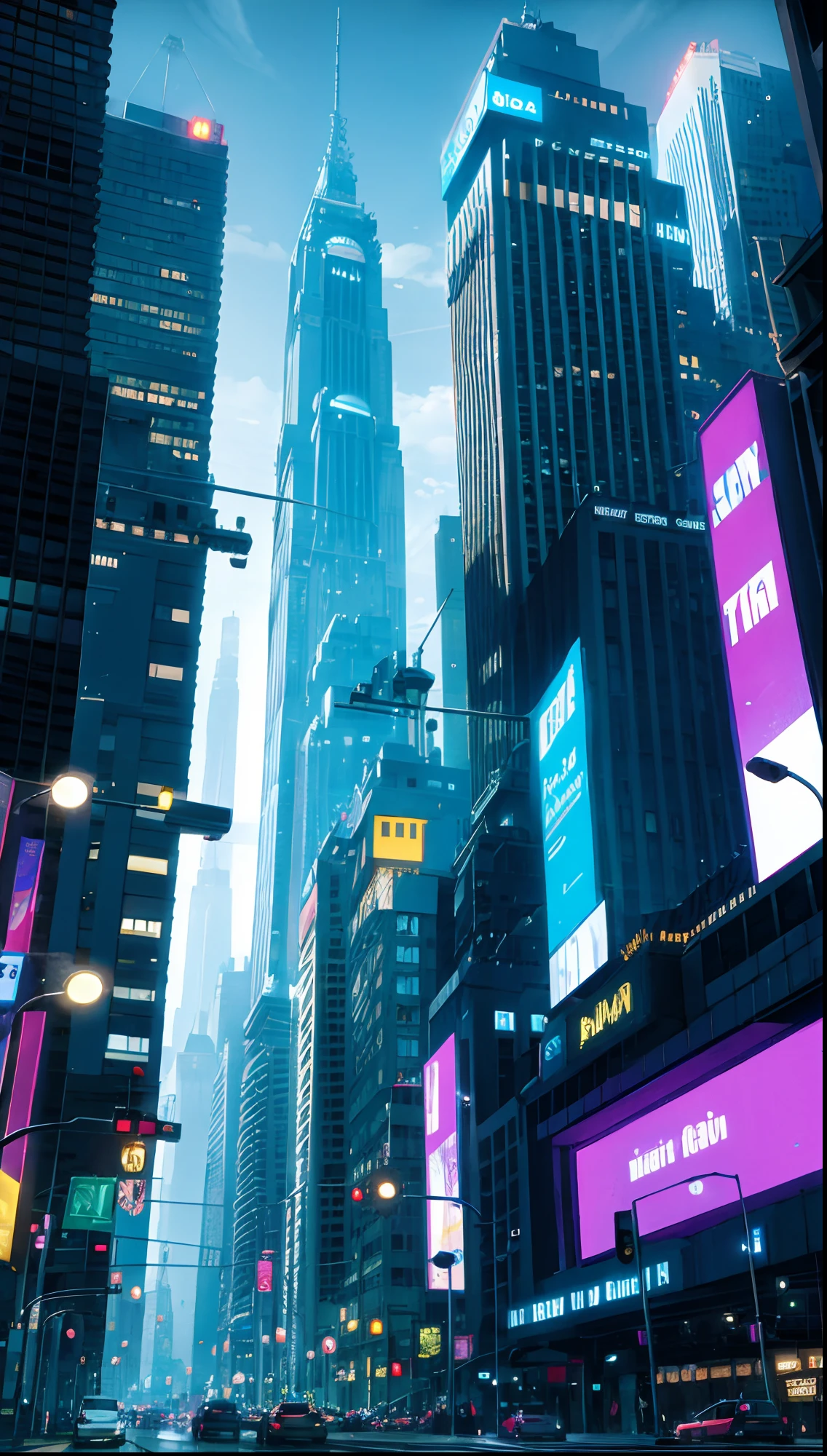 City of Gotham from a corner, no people on the streets, buildings, hoardings, big screens showing joker, city fully covered in Fogg, night, dark sky with no clouds, a little shade of yellow, dim Street lights, electric poles, cyberpunk and neon theme, chromatic abberation, soft lighting, extreme detail, small details, ultra HD, hyper realistic