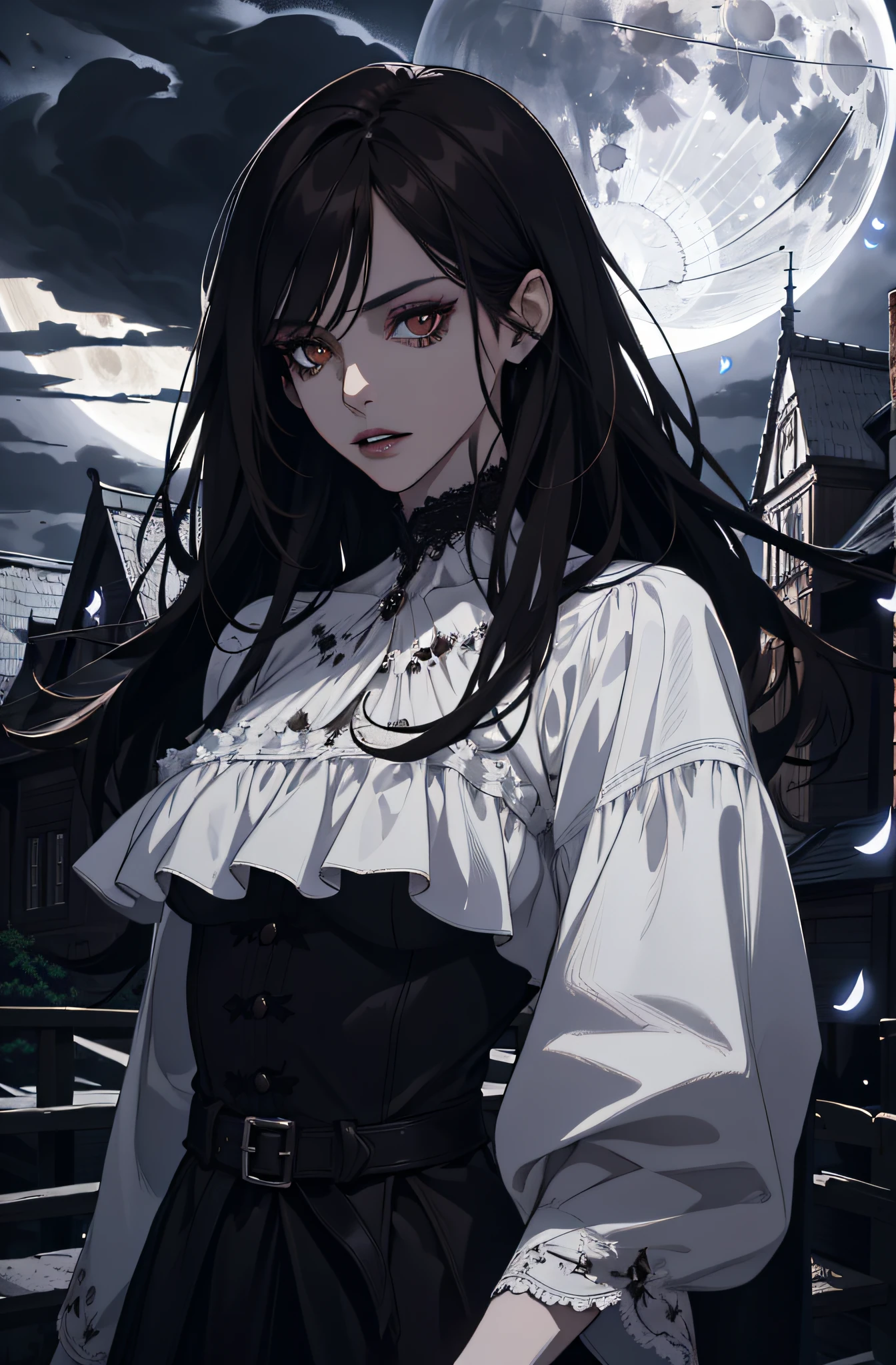 (absurdres, highres, ultra detailed), 1 girl, adult, handsome, tall, broad shoulders, finely detailed eyes and detailed face, black leather clothes, night, smile, dutch angle, short red hair, moon, forest, black horns in his head, silver details, earrings, black chocker, gothic, dark, vampire, black pants, horns, black simple dress, looking at the view, pale skin, seductive pose, ((closed eyes)), (((open mouth)))