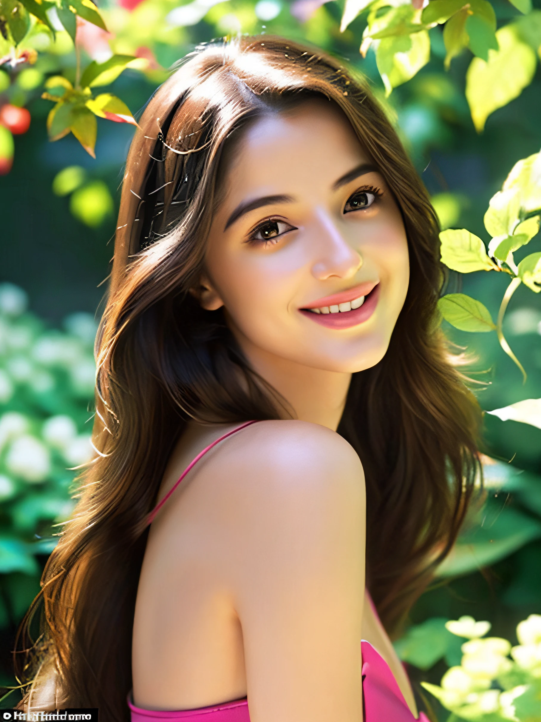 Young beautiful woman, long hair, elegant, too beautiful, looks shapely, face round, in the background leaves of plants, and many bright colors, , ruddy skin, beautiful, full lips, a minuscule amount of clothing, smiling, feeling of lightness and joy, hyperrealism, skin very elaborated, direct gaze, by alex1shved