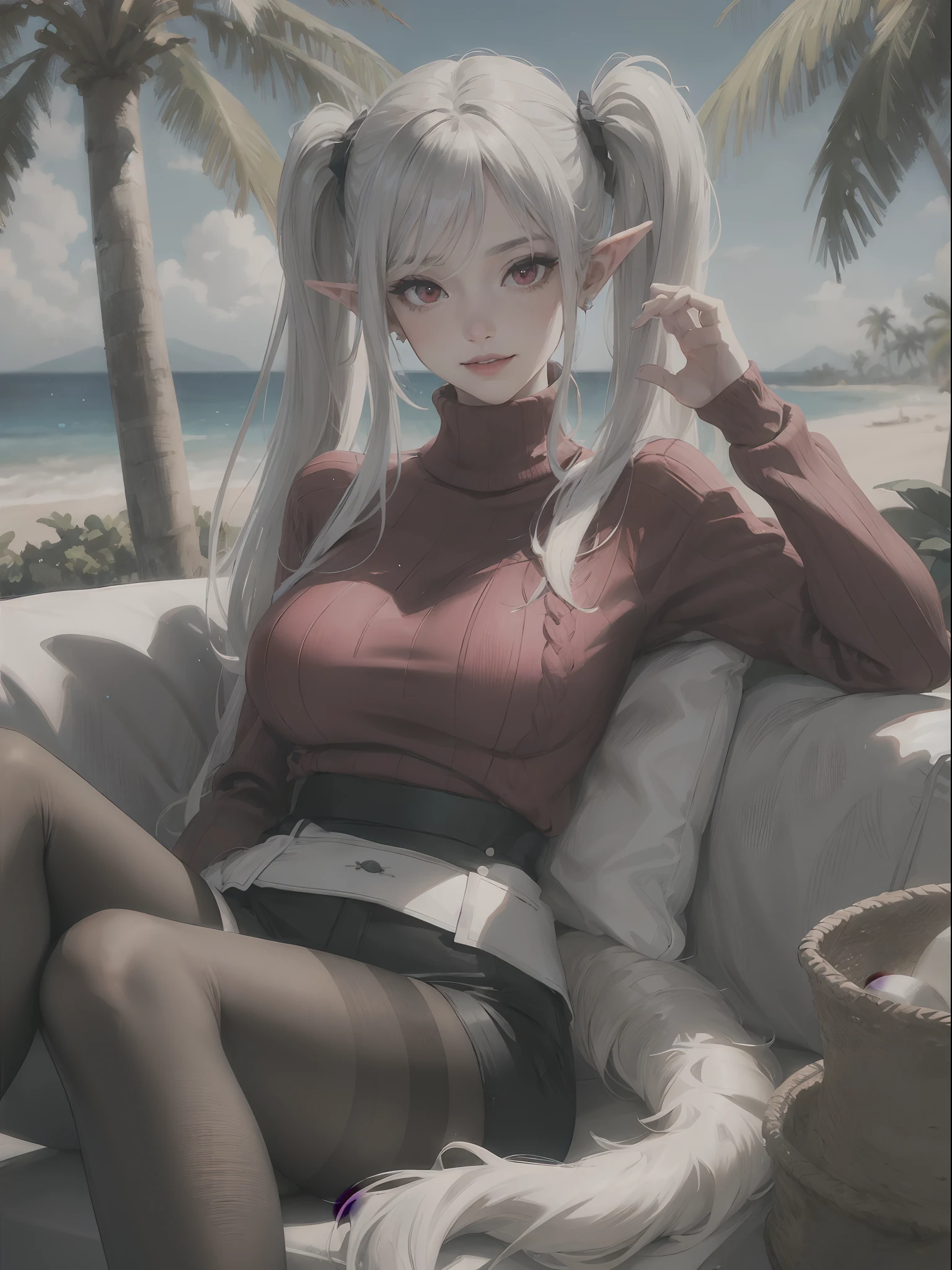 (masterpiece:1.2, best quality,top quality), (detalhes intrincados), 1lady, solo,lying down,long hair,hair over shoulders,minimal makeup, tecidos naturais,sductive smile, cara travessa,((coconut trees,coast)),purple twin tailed hair streaked white,Long bold side bangs|Sleek pixie cut|Undercut},claros, franja, franja na testa,redn pupils,saia plissada,busty, face madura, detailed face, ((light green turtleneck sweater trim fur,thighband pantyhose,))correct anatomy of the foot,soaked,soft lighting,good lighting,ray tracing,dynamic lighting, cinematic lighting,detailed face, 4k, Y2K clothing, purple twin tails, massive tits, , idol, masterpiece for eyes, long lashes, juicy lips, highlights in eyes, elf ears, tattoos, ((red eyes))