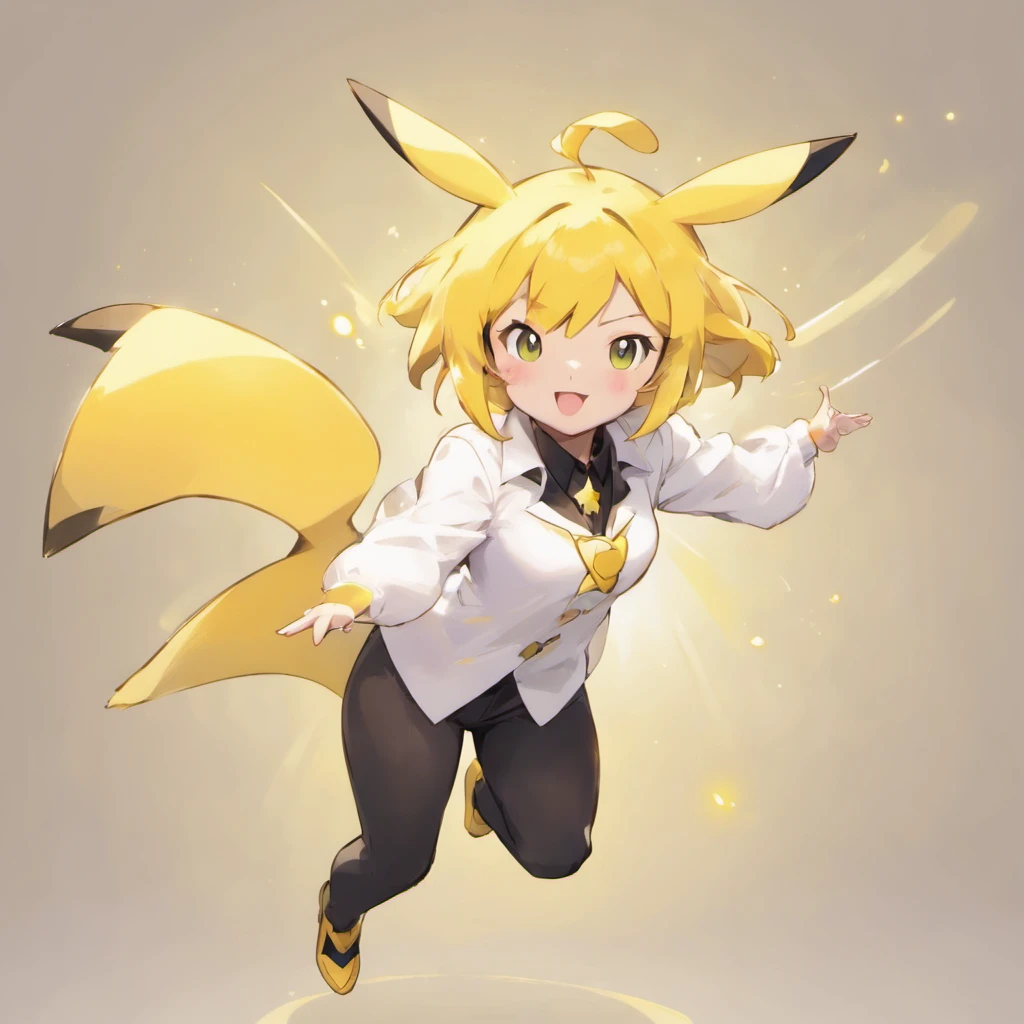 Pikachu,White color blouse,Black pantsuit,Lovely jump,Current surrounds,Body stretching,Brighten skin,HighestQuali,8K