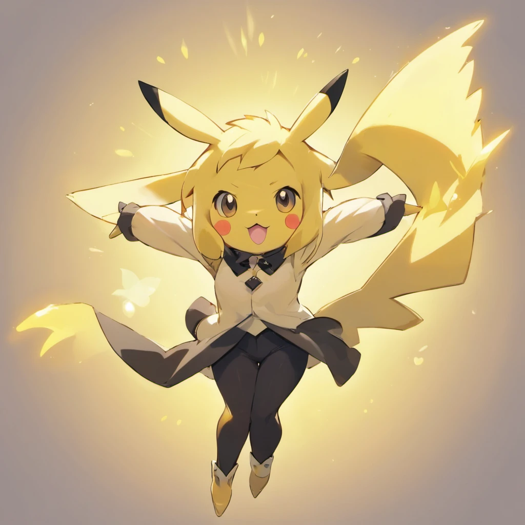 Pikachu，White color blouse，Black pantsuit，Lovely jump，Current surrounds，Body stretching，Brighten skin，HighestQuali，8K