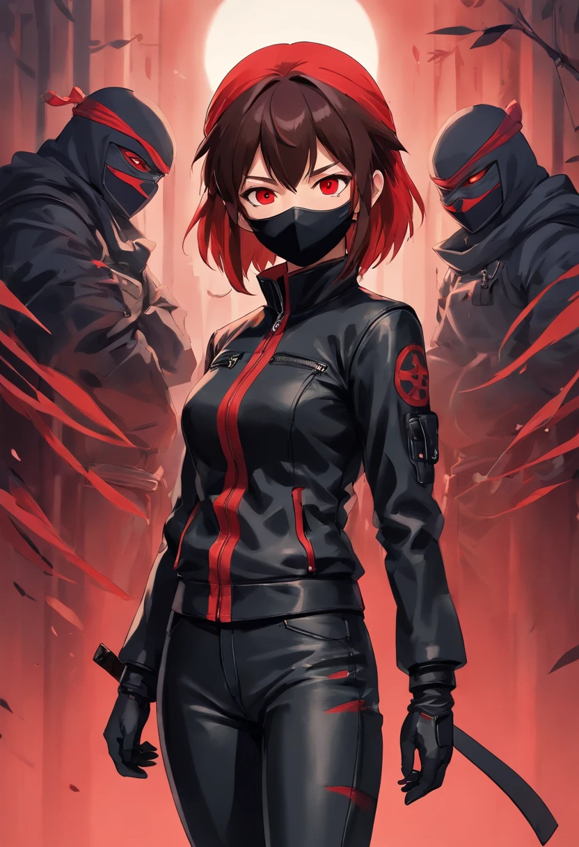 1girl, red ninja suit, hidden face, red hair, red eyes, dark alley, red graffiti, japanese led, fog