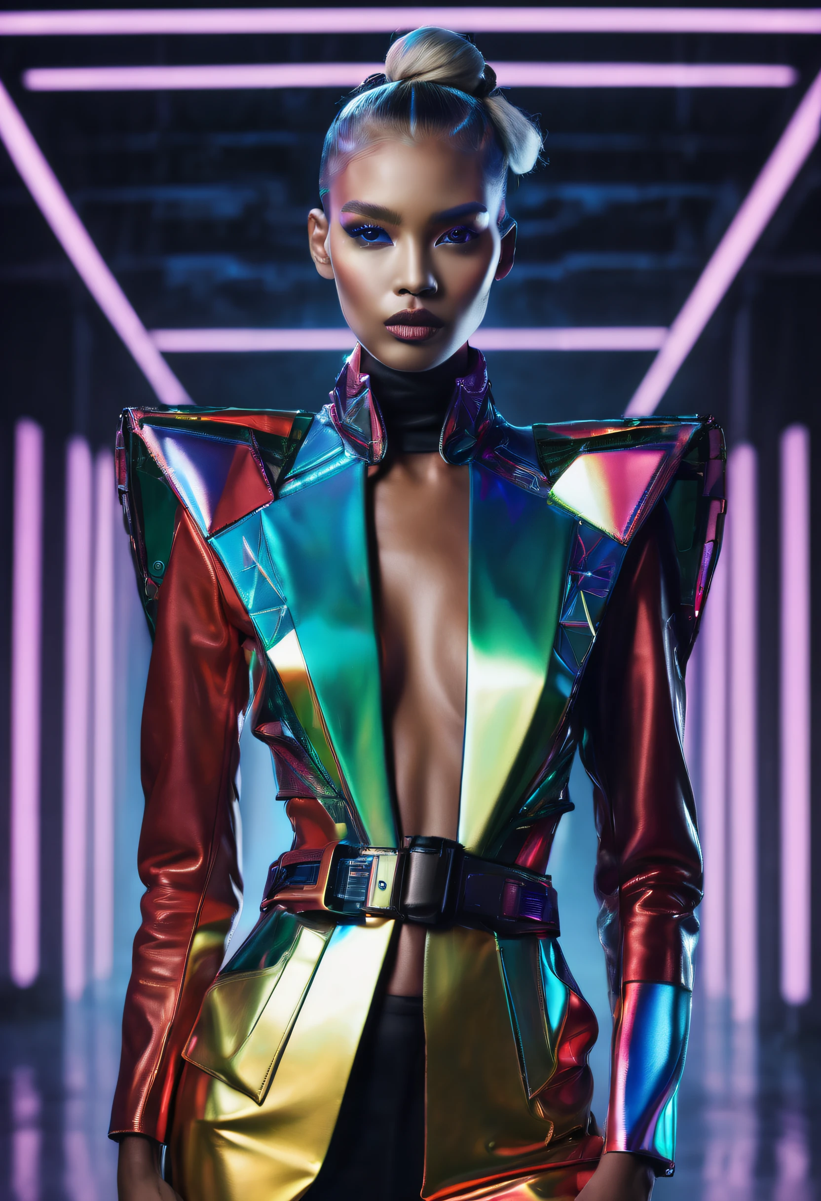 Prepare to be mesmerized by this captivating prompt for a fashion show featuring a beautiful female model, wearing a high-end custom-designed outfit with a striking and avant-garde style inspired by Cyberpunk Holography. The composition showcases the model's confident and edgy demeanor, with her sleek and futuristic hairstyle perfectly complementing the cutting-edge design of the outfit. The use of holographic materials, neon lights, and geometric patterns adds to the futuristic and technology-driven atmosphere of the event, creating a visual spectacle that pushes the boundaries of fashion. Directed by renowned fashion photographer David LaChapelle.