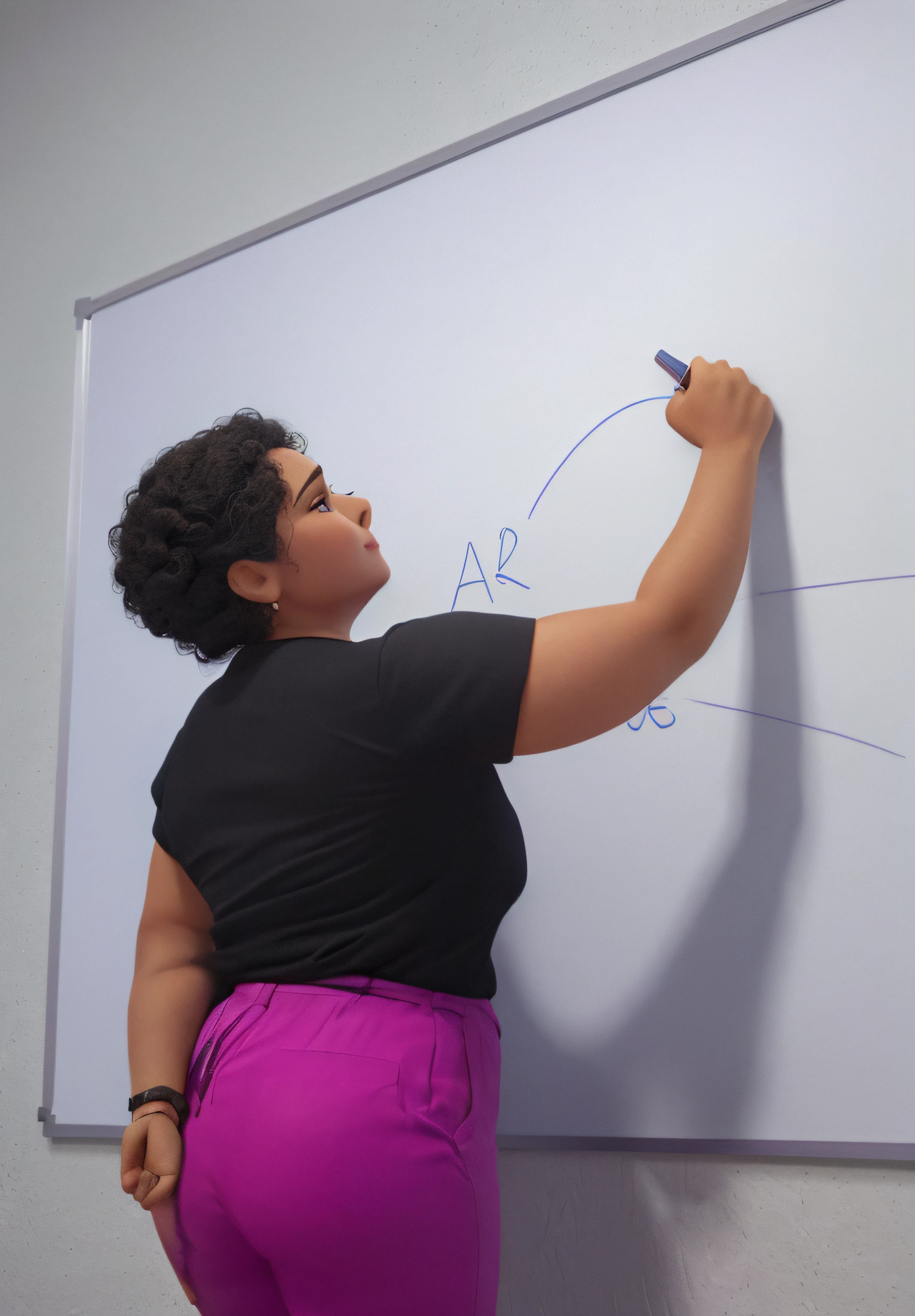 Professora mulher escrevendo em um quadro branco. De baixa estatura, cabelo curto cacheado, wearing a pair of lilac pants and a black blouse. The room has a white wall and is illuminated from behind the teacher with shadows in some spaces.