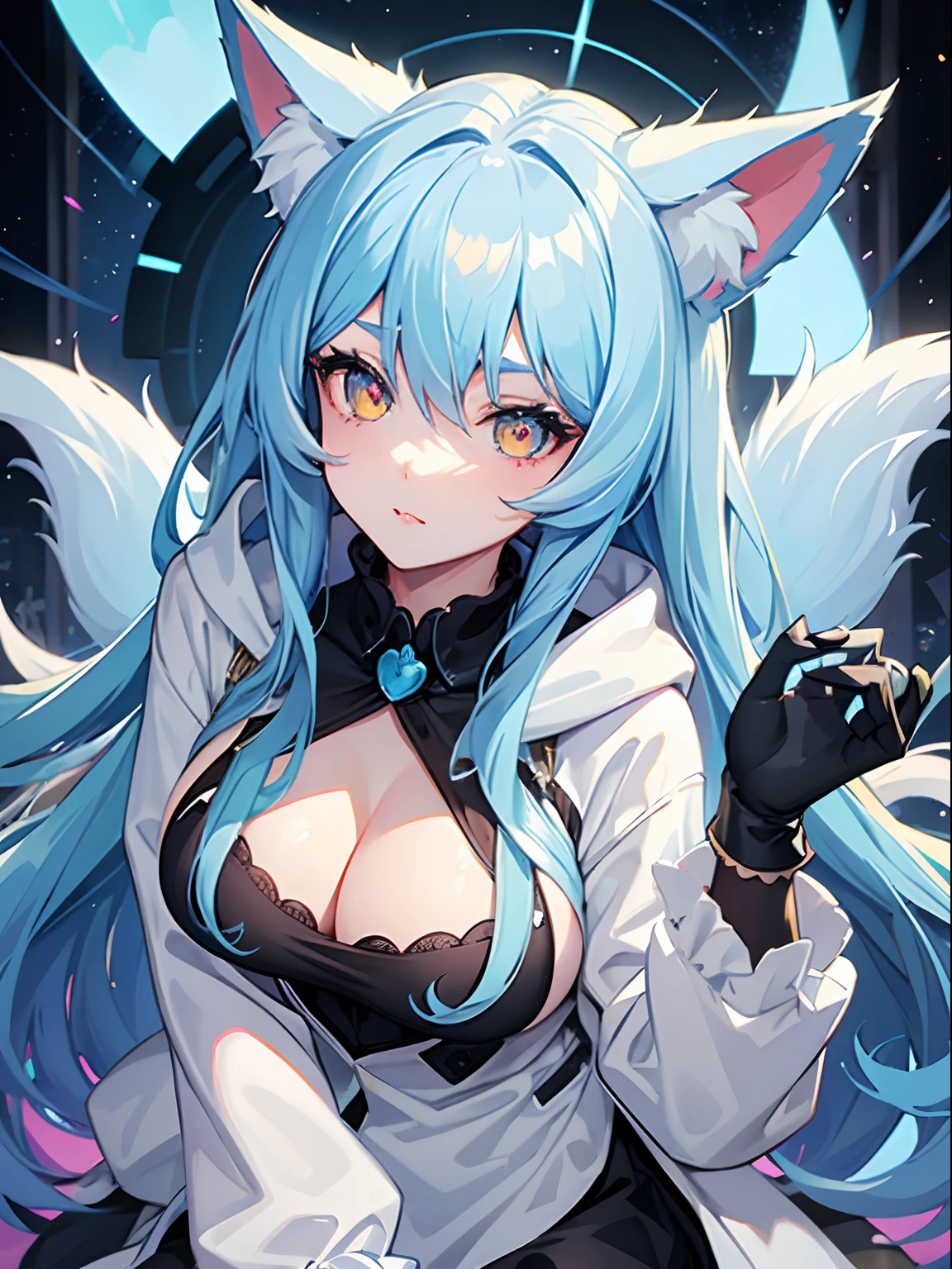 Long Hair, Light Blue Hair, Yellow Eyes, Heart pupils, Fox Ears, 9 Tails, Big Boobs, Wearing Hoodie, Long Stocking, Nighttime, Wearing Black Gloves, Inside a house, licking own lips, showing