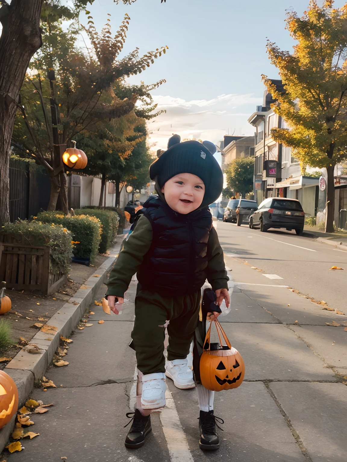 Halloween, pumpkins halloween, Halloween decorations, Little kid with candy on the sidewalk, 🍁 Cute, wearing a fisher 🧥, Cold, Like ice! 🧊, walking at the park, barn, Very cute, by Emma Andijewska, cutest, breakfast, amber, very cute and childlike, 2 years old, in park, in park, an album cover, Bokeh background
