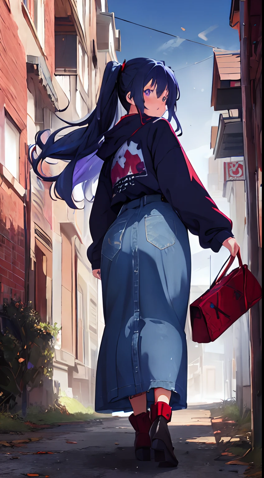 fluffy hair,darkblue hair,Eyes purple,Stick your butt out on a horse,Clothes with long sleeves that look warm,red tide,Look back in embarrassment,Brick foreign cityscape,Autumn outfit,oversize clothes,Long skirt made of denim material,The length of the hem so that the buttocks are visible