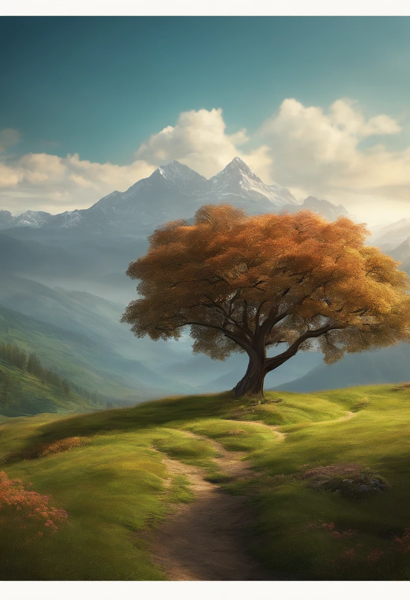 Conceptart,Concept Art,Samia, tree, scenery, cloud, outdoors, sky, day, mountain, grass, nature, mksks style, best quality, perfect