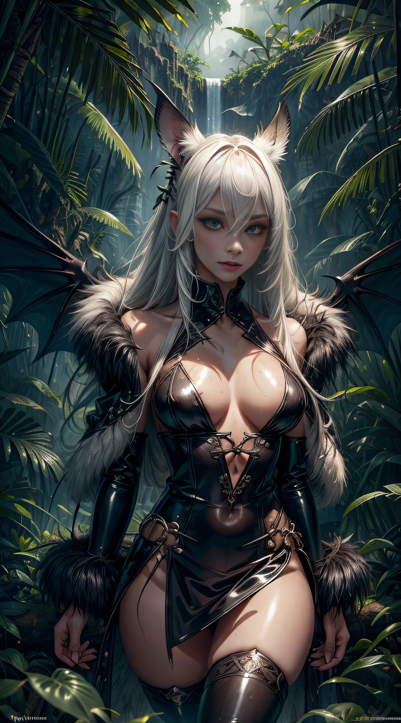 Realistic photos of slaves_(Savage, tribe, jungles)_Vampire [White hair|Black hair], Bat fur, Coat|Wings, ((poison fangs)), extremely_Detailed_(tribe, jungles)_Tight_(rae, Leather, fur, Silk, Satin, latex)_(Clothing, Skirt), High collar, Detailed face, Detailed beautiful eyes, Pupil of the slit, metal reflective, ((Tatud, labeled)_with_Shining_runic)_coalescence_Muscular_Body, Shiny skin, Tropical city ruins fog, 1girll, Natural breasts, Medium length hair, Masterpiece, Best quality, Beautiful and aesthetic:1.2, Fractal art:1.4