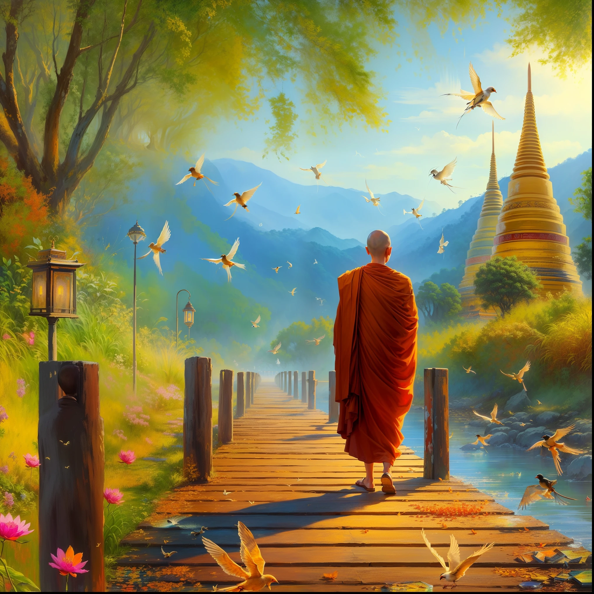 painting of a monk walking on a bridge with a lot of birds flying around, on path to enlightenment, thailand art, on the path to enlightenment, buddhism, buddhist, amazing depth, many beings walking about, beautiful art uhd 4 k, monk meditate, peaceful scene, detailed painting 4 k, beautiful depiction, buddhist monk, beautiful oil matte painting