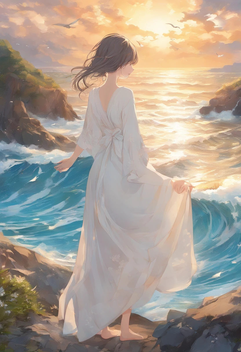 a girl standing on a beach, beautiful detailed eyes and face, flowing hair, wearing a flowing white dress, surrounded by crashing waves, bright sunny day, crystal clear blue water, sparkling sunlight, sandy beach, seashells scattered on the shore, majestic rocky cliffs in the distance, seagulls flying in the sky, subtle breeze, peaceful and serene atmosphere, oil painting style, vibrant colors, realistic and detailed textures, high-quality artwork, (best quality, 4k, highres, masterpiece:1.2), ultra-detailed, (photorealistic, vivid colors, studio lighting), coastal landscape, soothing color palette, warm golden lighting