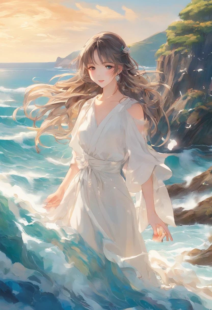 a girl standing on a beach, beautiful detailed eyes and face, flowing hair, wearing a flowing white dress, surrounded by crashing waves, bright sunny day, crystal clear blue water, sparkling sunlight, sandy beach, seashells scattered on the shore, majestic rocky cliffs in the distance, seagulls flying in the sky, subtle breeze, peaceful and serene atmosphere, oil painting style, vibrant colors, realistic and detailed textures, high-quality artwork, (best quality, 4k, highres, masterpiece:1.2), ultra-detailed, (photorealistic, vivid colors, studio lighting), coastal landscape, soothing color palette, warm golden lighting
