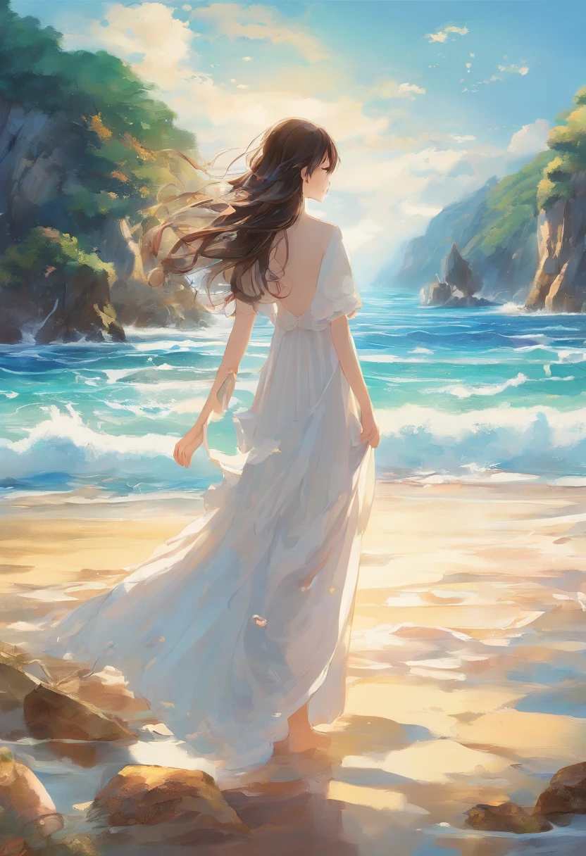 a girl standing on a beach, beautiful detailed eyes and face, flowing hair, wearing a flowing white dress, surrounded by crashing waves, bright sunny day, crystal clear blue water, sparkling sunlight, sandy beach, seashells scattered on the shore, majestic rocky cliffs in the distance, seagulls flying in the sky, subtle breeze, peaceful and serene atmosphere, oil painting style, vibrant colors, realistic and detailed textures, high-quality artwork, (best quality, 4k, highres, masterpiece:1.2), ultra-detailed, (photorealistic, vivid colors, studio lighting), coastal landscape, soothing color palette, warm golden lighting