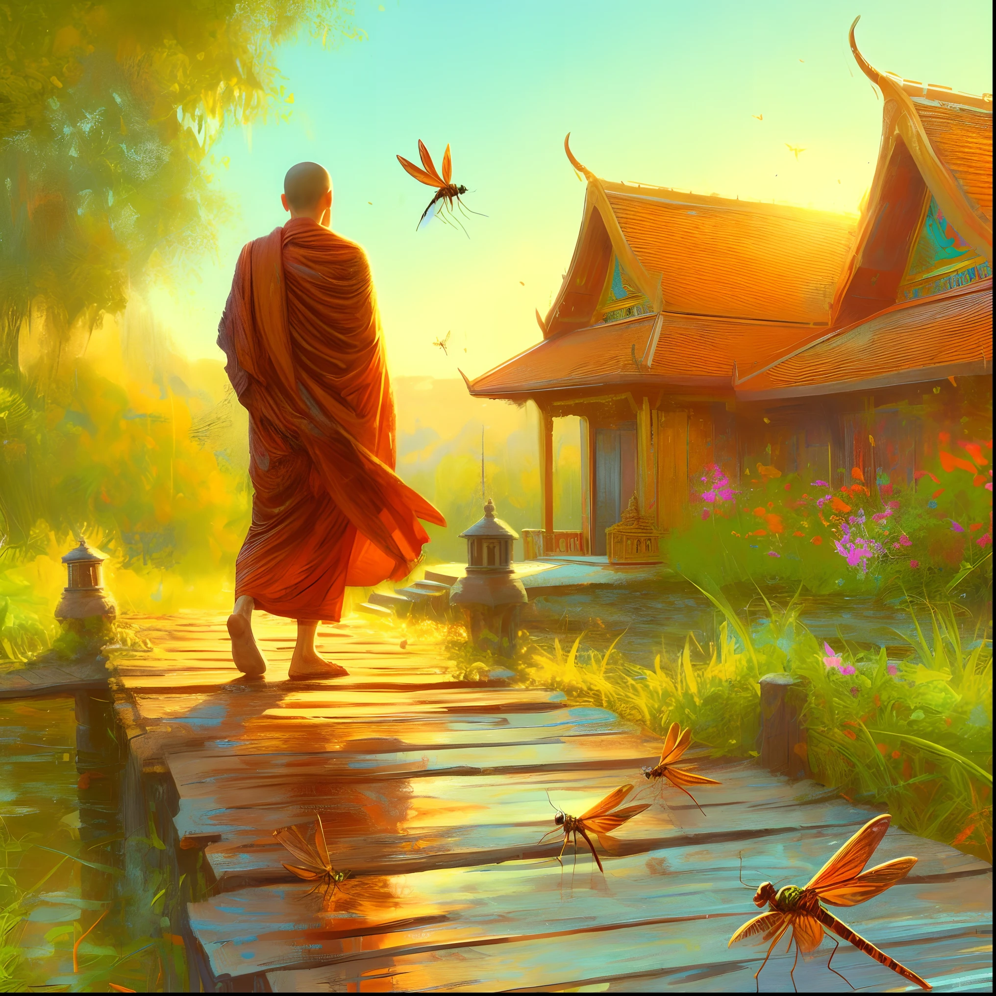 painting of a monk walking on a bridge with dragonflies flying around, on path to enlightenment, buddhism, tithi luadthong, on the path to enlightenment, andreas rocha style, monk meditate, buddhist monk, the style of andreas rocha, rob rey, monk, amazing wallpaper, beautiful digital artwork, inspired by Cyril Rolando, beautiful avatar pictures, buddhist