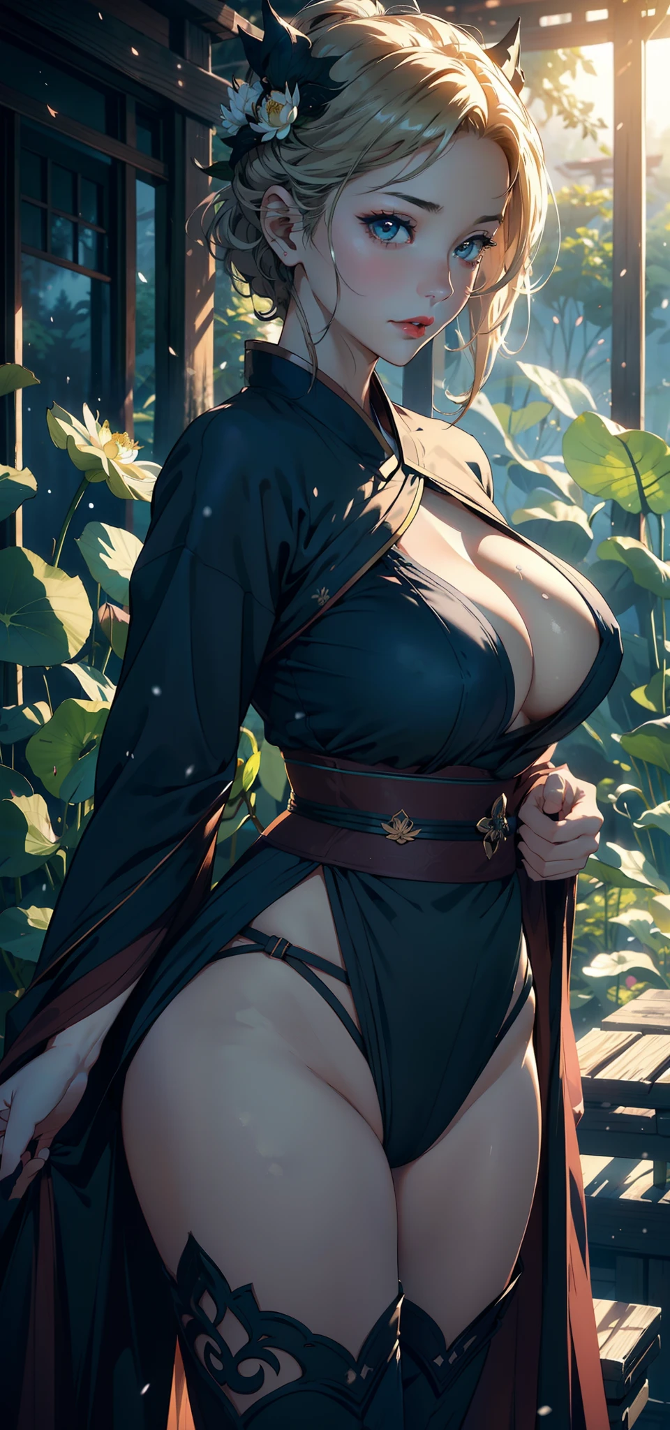 1female,45 yers old,Married Woman,熟妇,mature,plumw,extremely large bosom,Big breasts Thin waist,long leges, 独奏,(Background with:ln the forest,lotus flower,ponds) She has short blonde hair,bobo head,,seen from the front, Stand in the forest, mostly cloudy sky,(((tmasterpiece),(Very detailed CG unity 8K wallpaper),best qualtiy,cinmatic lighting,detailed back ground,beatiful detailed eyes,Bright pupils,Black eyes,Snow-whiteskin,Redlip(Very fine and beautiful),(Beautiful and detailed eye description),ultra - detailed,tmasterpiece,))facing at camera,A high resolution,ultra - detailed),revealing breasts,Bare genitalia, Bulge,legs are open,Raised sexy,Camel toes,Flushed complexion,Desire for dissatisfaction,frontage,binh(Wearing:oversized boobs,drooping chest,nakeness,Green Hanfu,Batman uniform)